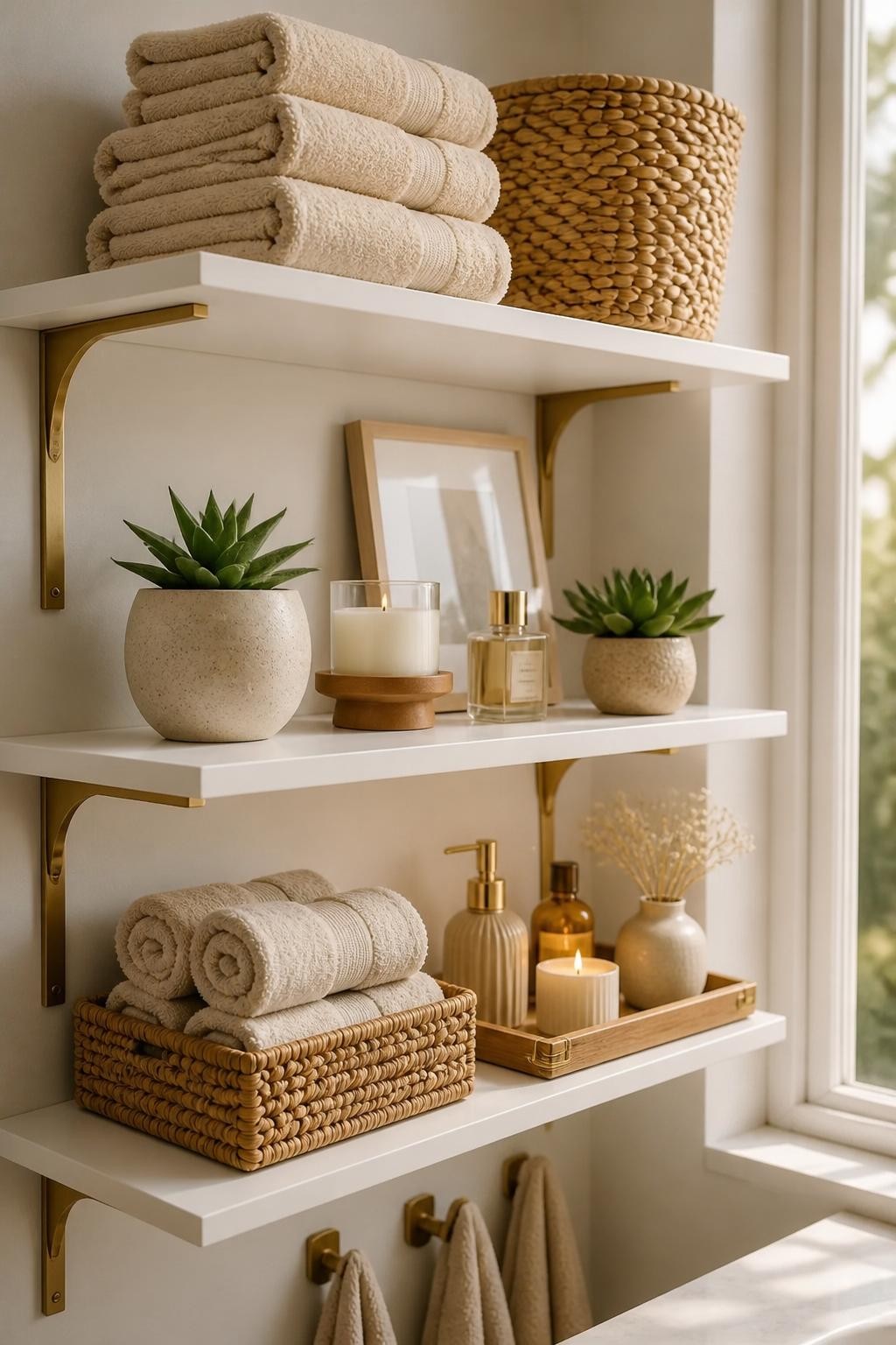 A chic bathroom styling blends modern and boho with fresh white floating shelves supported by elegant gold brackets.