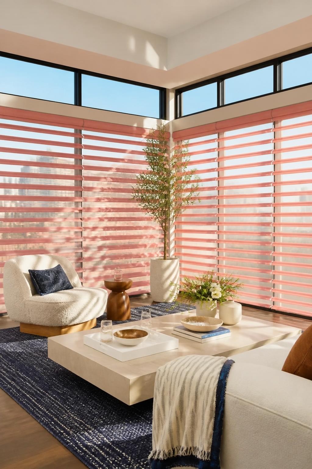 A sun-drenched, chic corner apartment filled with airy city views, highlighted by soft coral tinted day-night blinds that filter the morning.