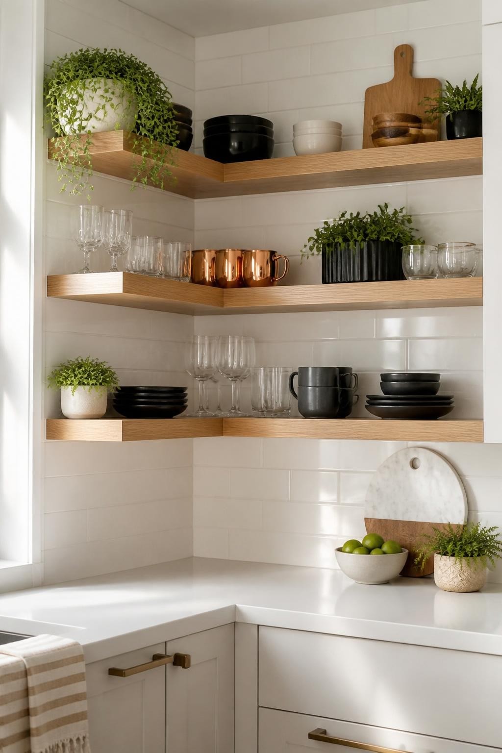 Compact kitchen corner with floating white oak shelves wrapping seamlessly around the walls, emphasizing open storage and visual interest.