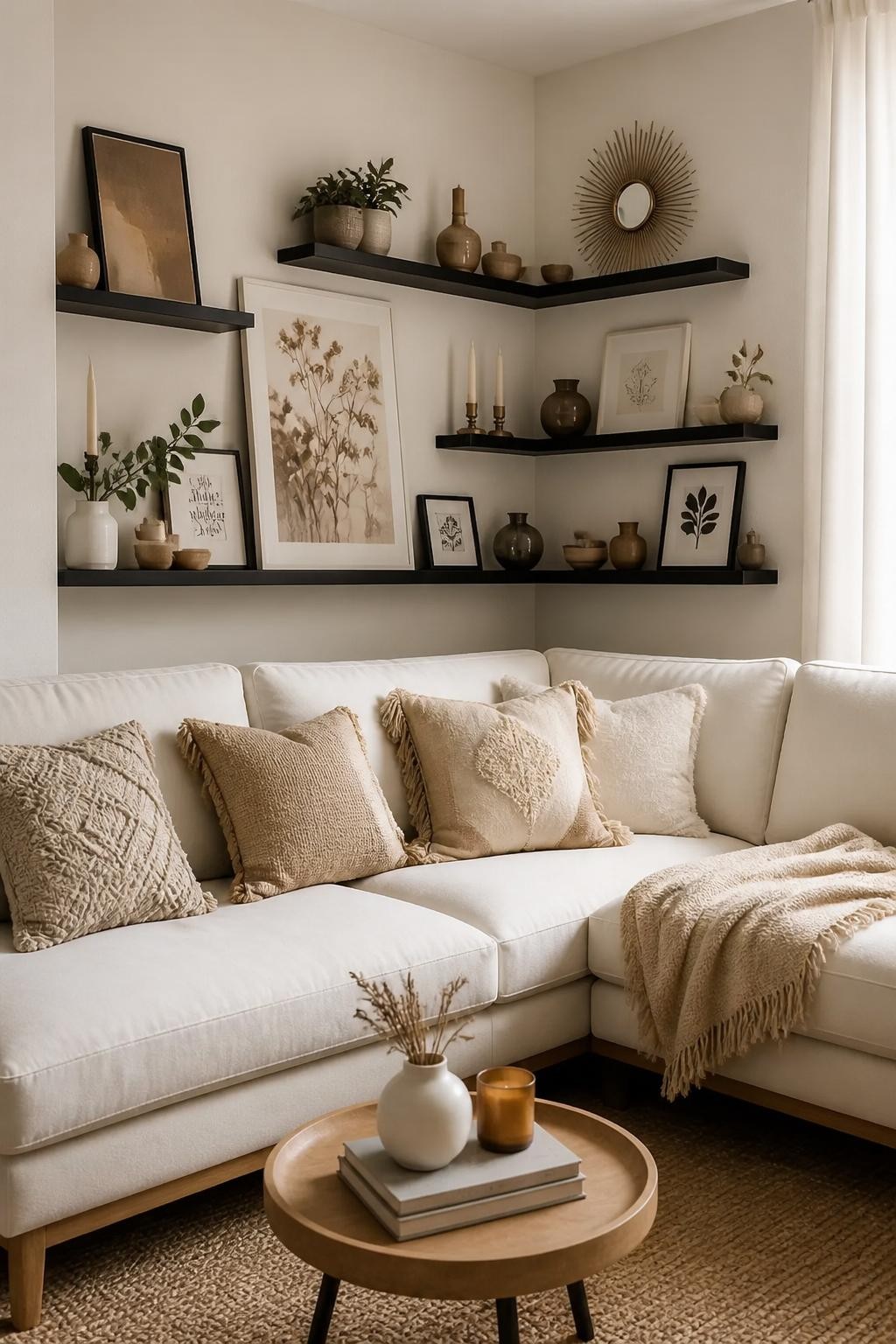 Bright bohemian-style corner living room with a plush sectional in creamy white, surrounded by intersecting espresso-black floating shelves.