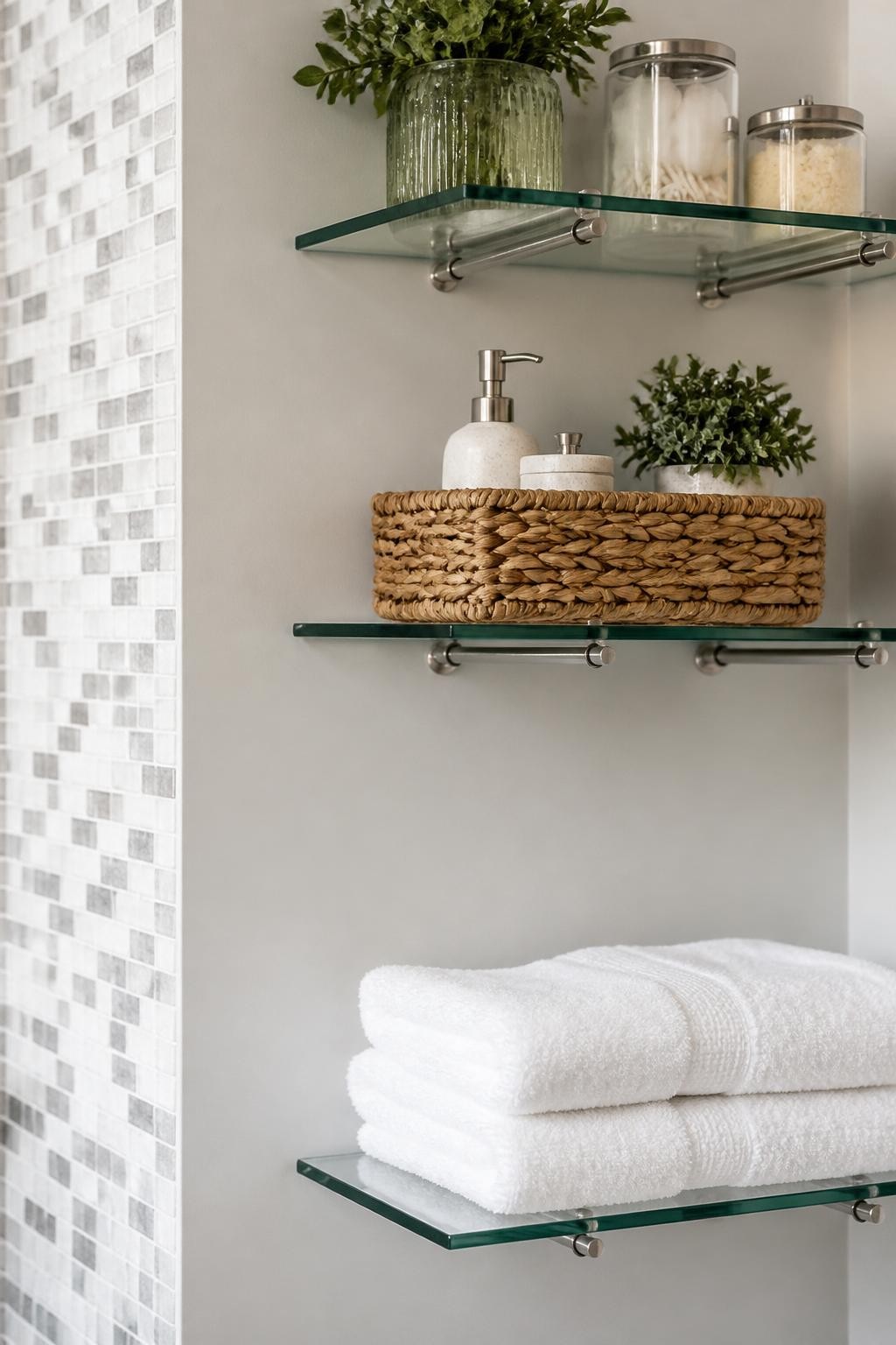 A compact, contemporary bathroom nook featuring two glass floating shelves installed against a pale wall adjacent to a mosaic-tiled column.