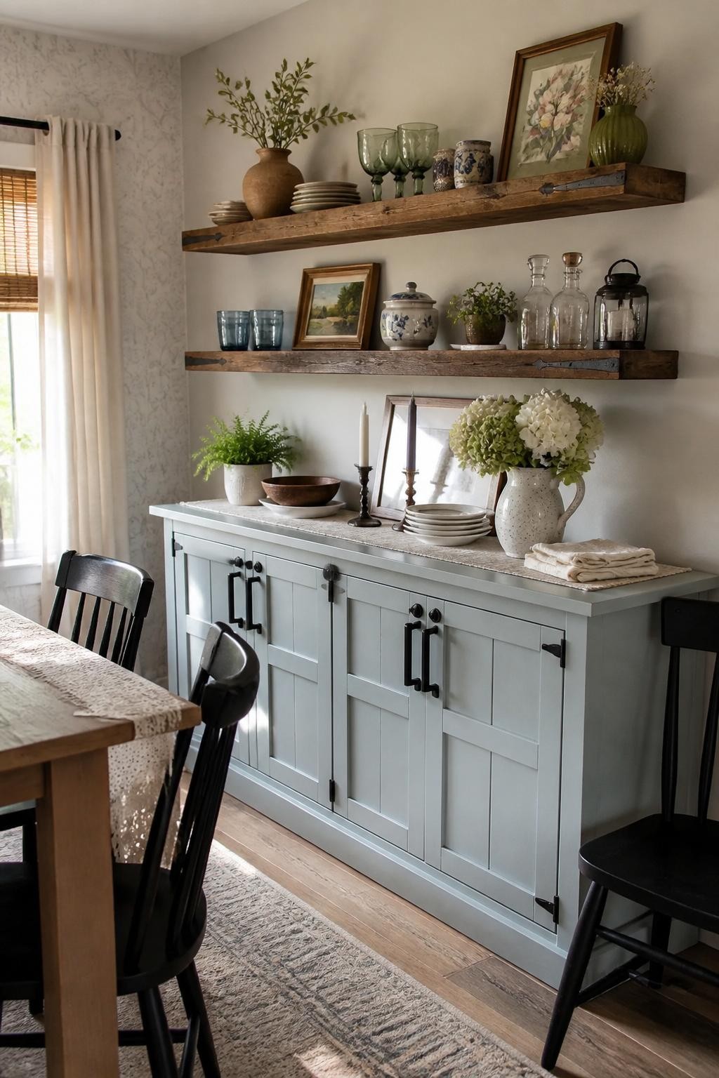 A light country dining nook with a powder-blue sideboard and two rich-toned, chunky wood floating shelves mounted above.
