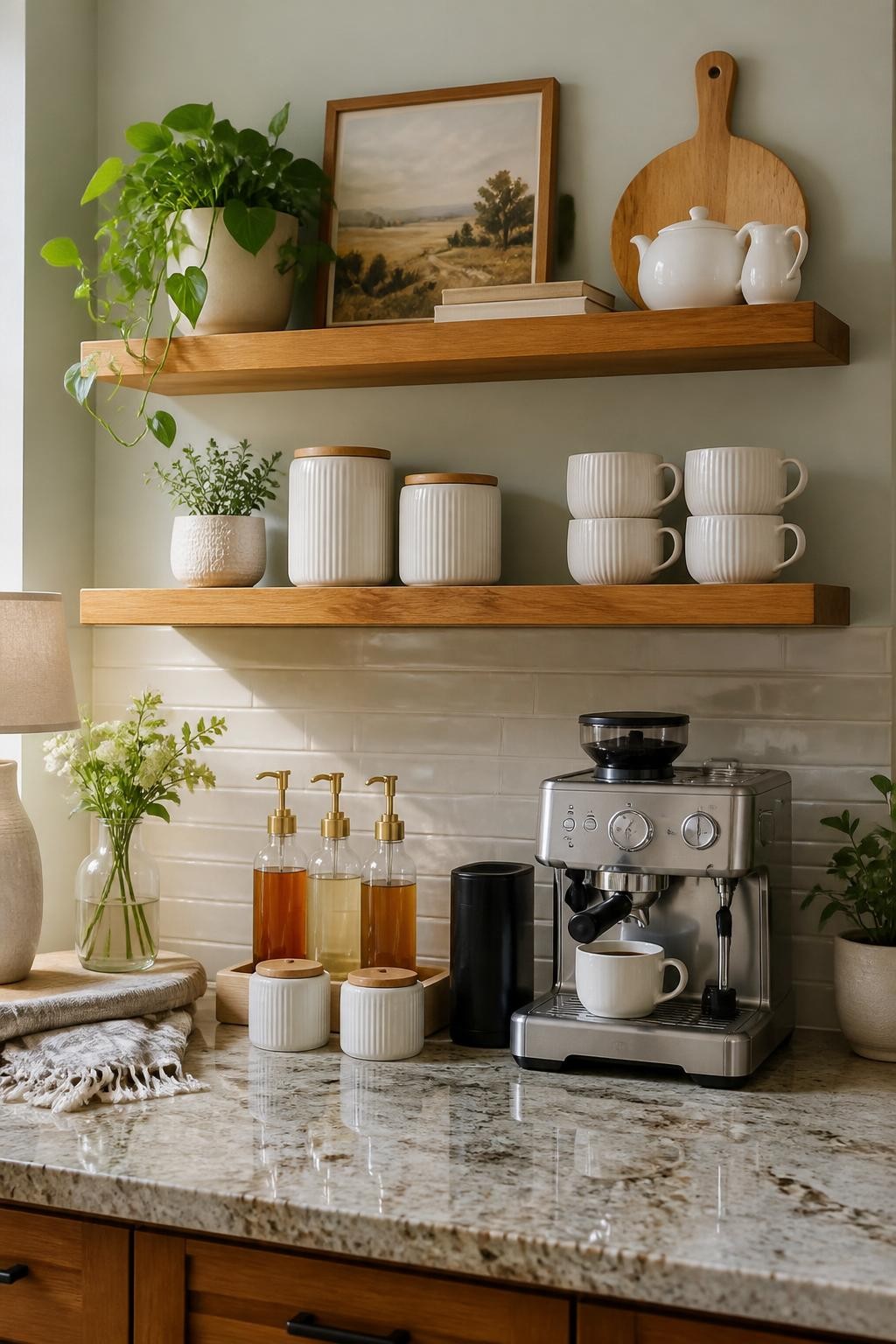 A chic coffee counter blends sophistication and warmth, featuring chunky wood floating shelves mounted above a creamy granite countertop.