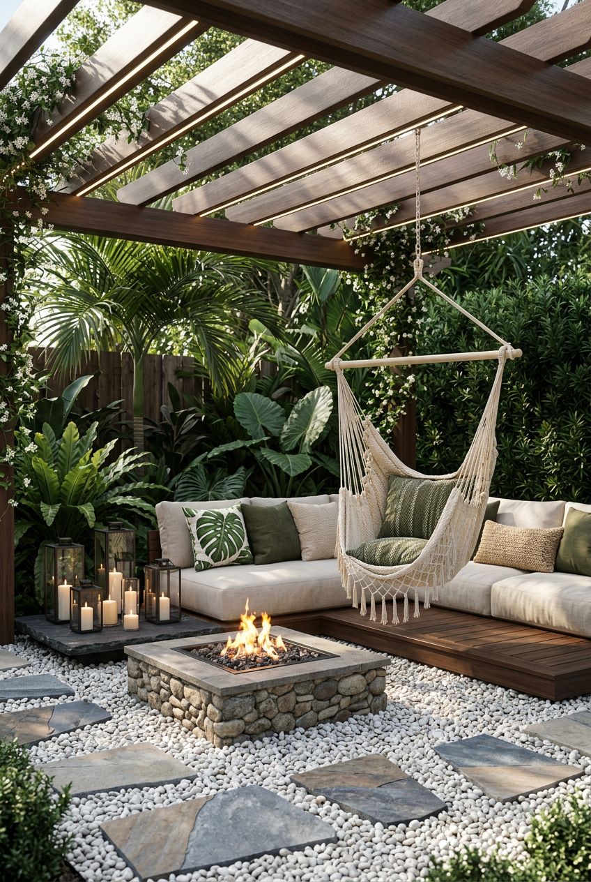A chic, tropical-inspired backyard corner with a sleek pergola overhead, where a hammock swing floats near a square, modern fire feature set.