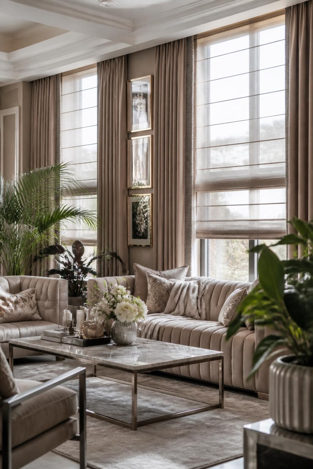 A chic living area brims with natural light, where richly textured, taupe velvet drapes frame tall windows layered with soft taupe and white.