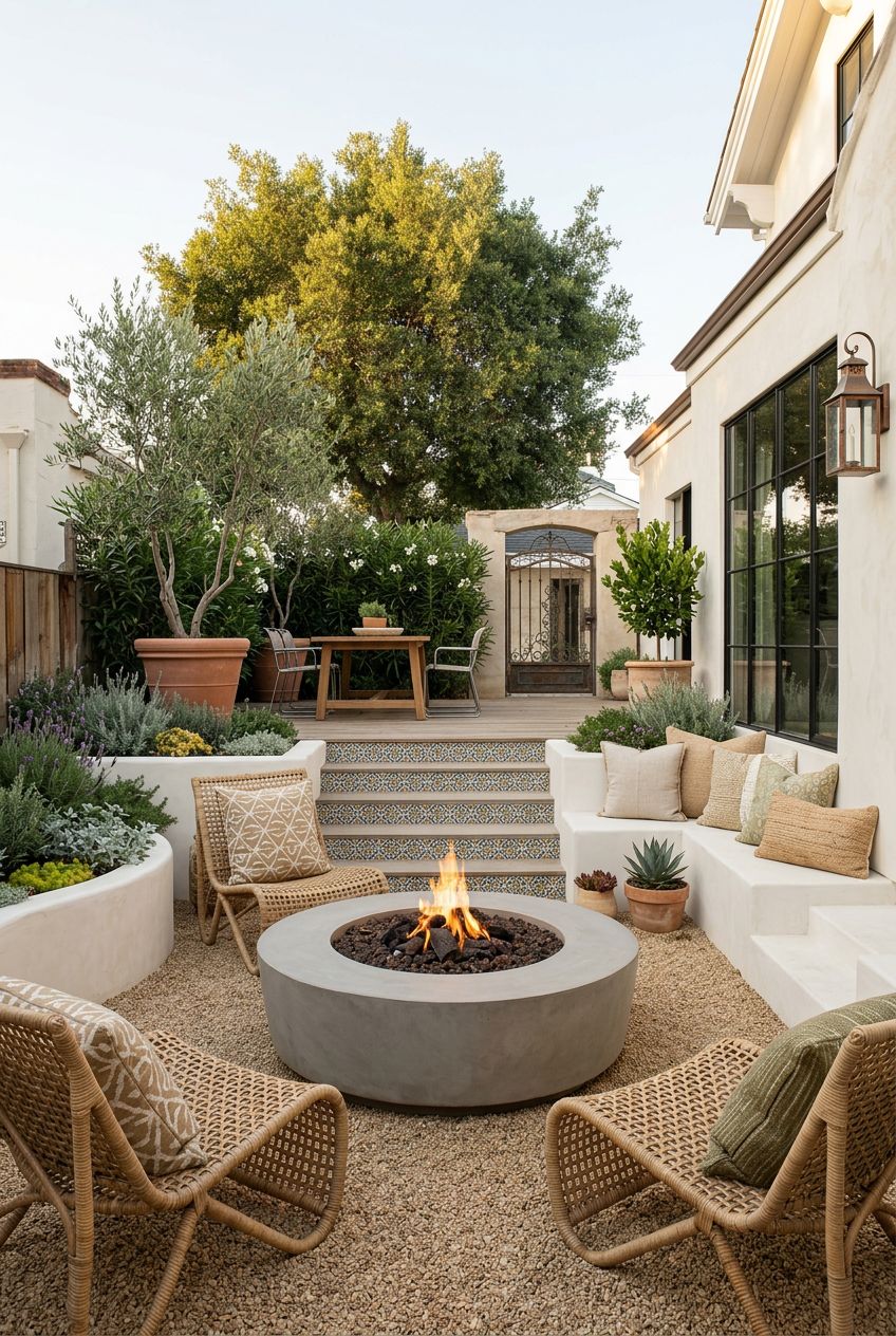 A chic Mediterranean-inspired gravel fire pit courtyard features a round concrete fire pit as its focal point.