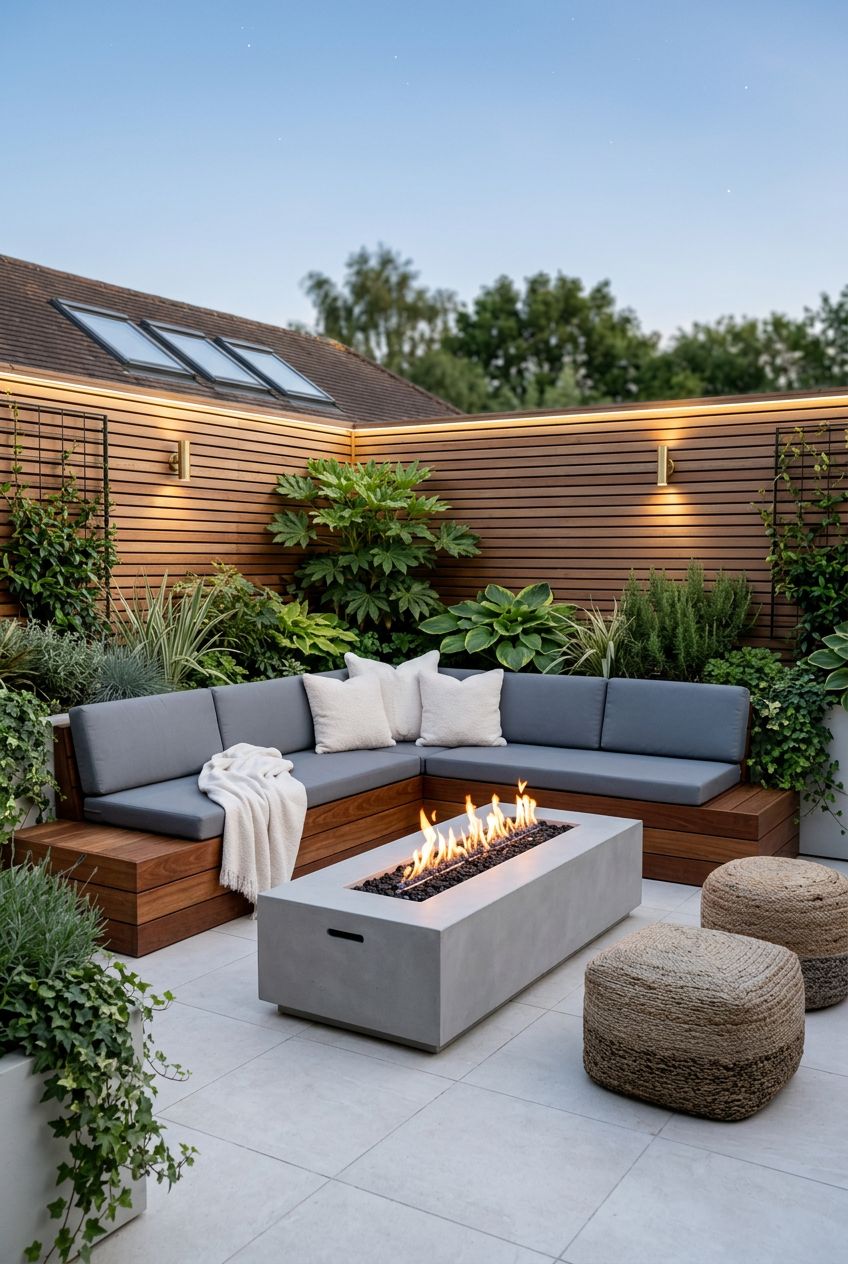 This outdoor patio exudes minimalist elegance with a crisp concrete fire pit anchoring an L-shaped bench framed in warm timber, topped with.