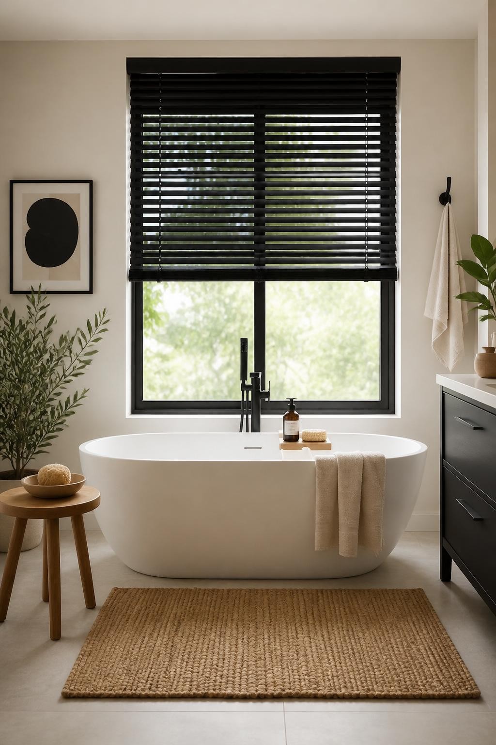 A sophisticated modern bathroom with a bold monochrome design, centered around a window featuring dramatic black Venetian blinds that offer.