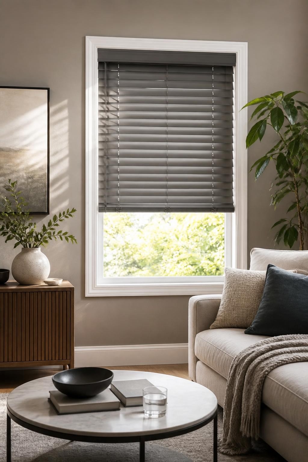 A sleek small living room designed in a warm contemporary style, with a focus on a single window dressed in neutral grey Venetian blinds.