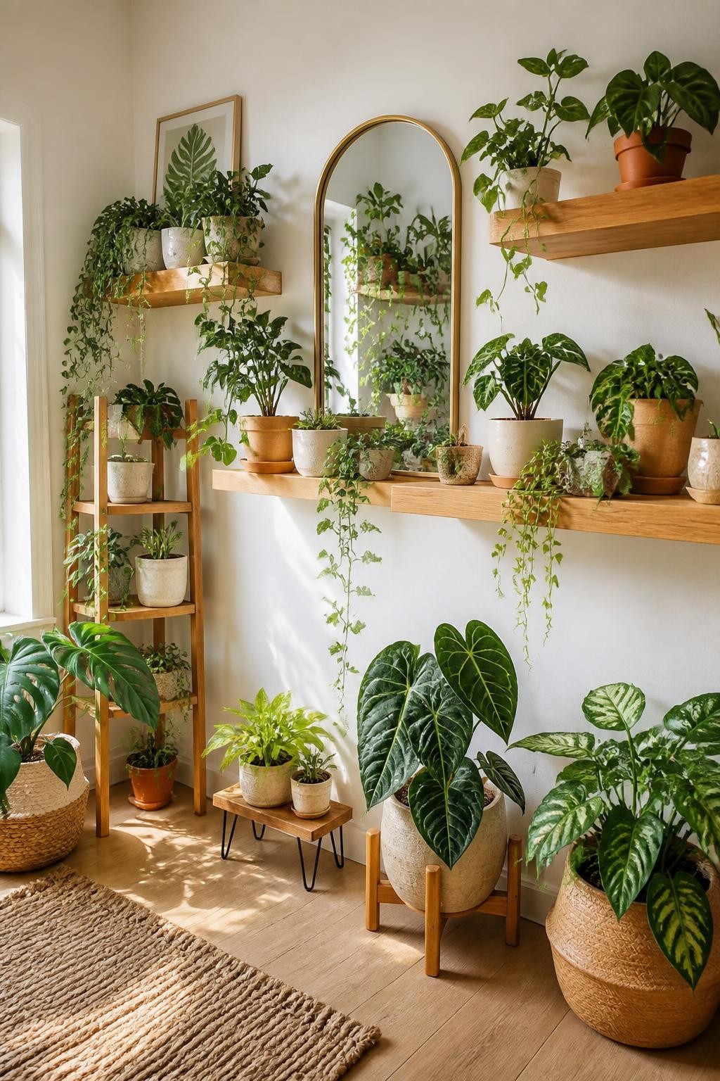 A stylish white-walled room with floating natural wood shelves, each shelf thoughtfully filled with lush potted plants in varying heights, s.