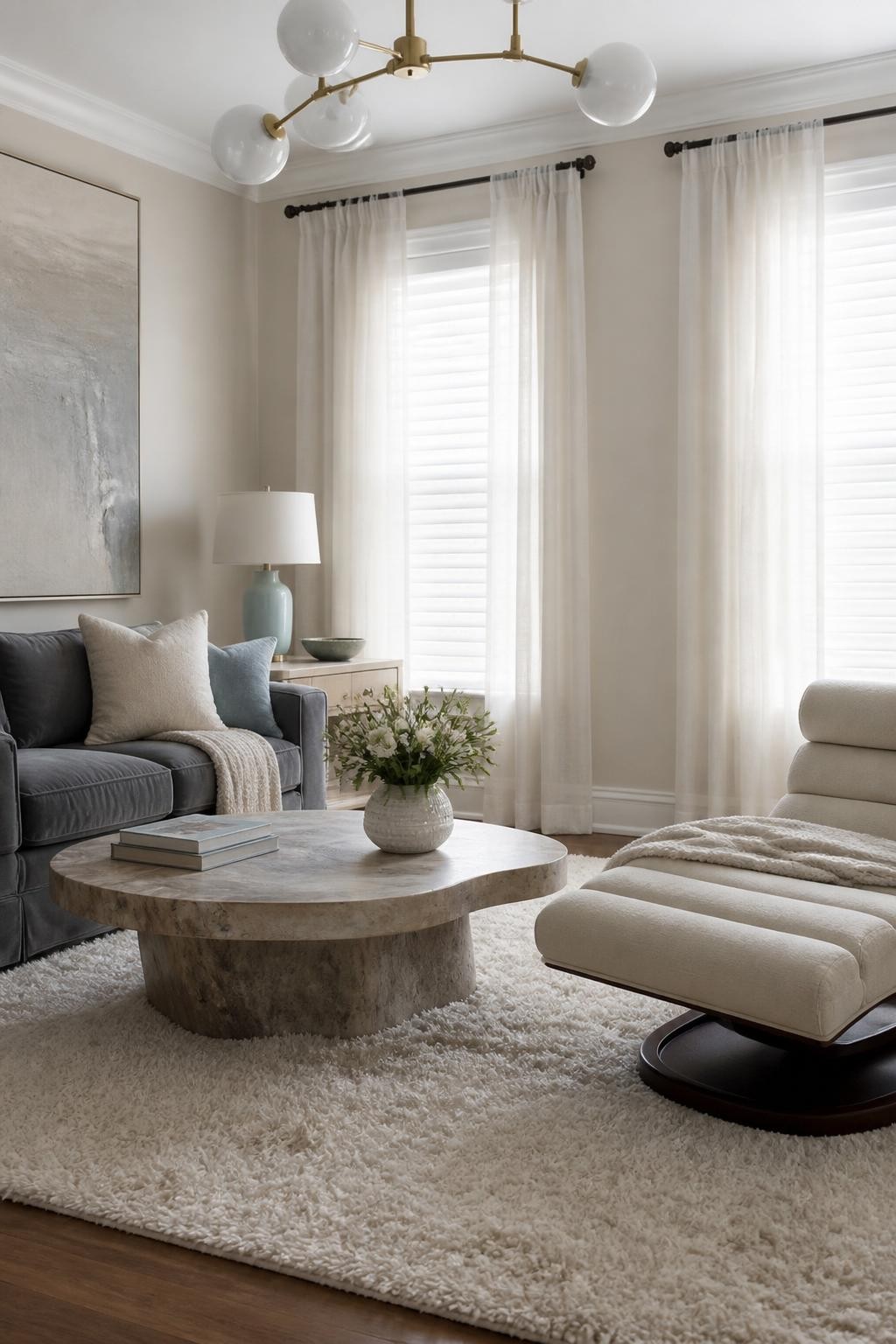 An effortlessly chic transitional living room with soft beige walls and large windows dressed in sheer drapes paired with crisp white horizo.