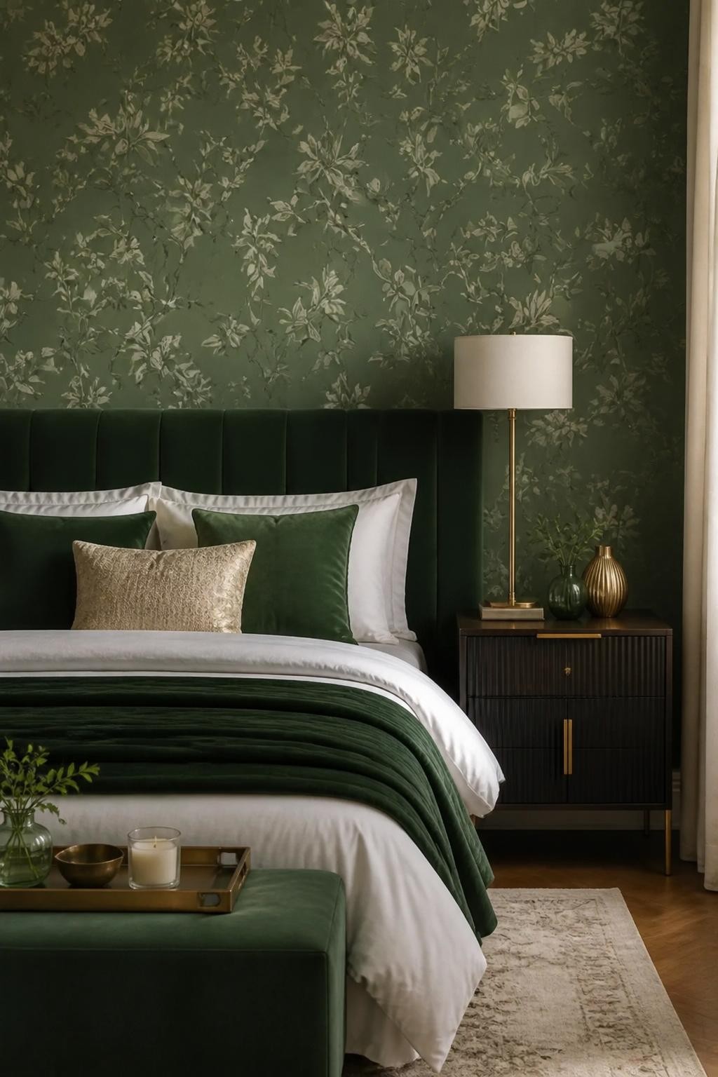 Channeling modern elegance, this bedroom combines a deep green floral wallpaper with a plush emerald velvet headboard as a striking centerpi.