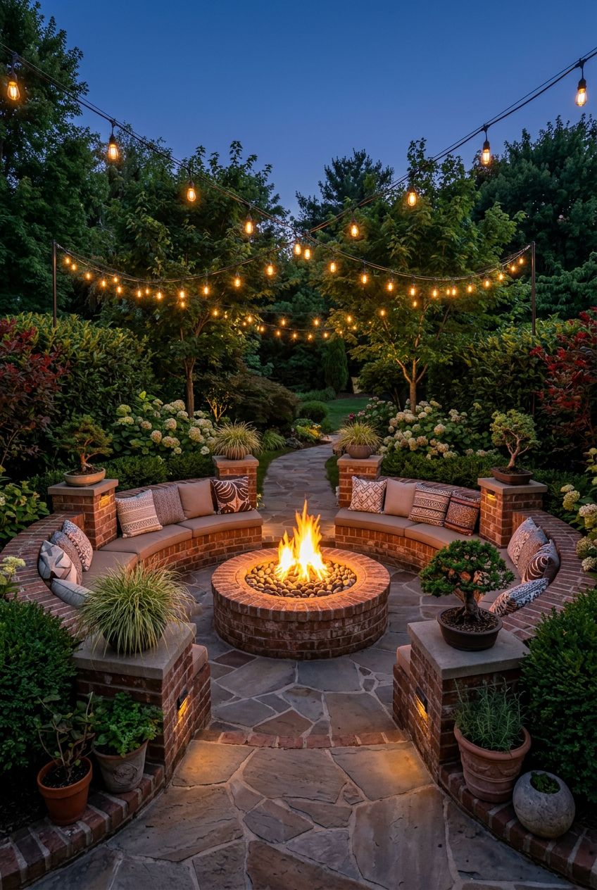 Create a welcoming evening atmosphere with a rounded brick fire pit encircled by a built-in curved brick bench complete with plush taupe cus.