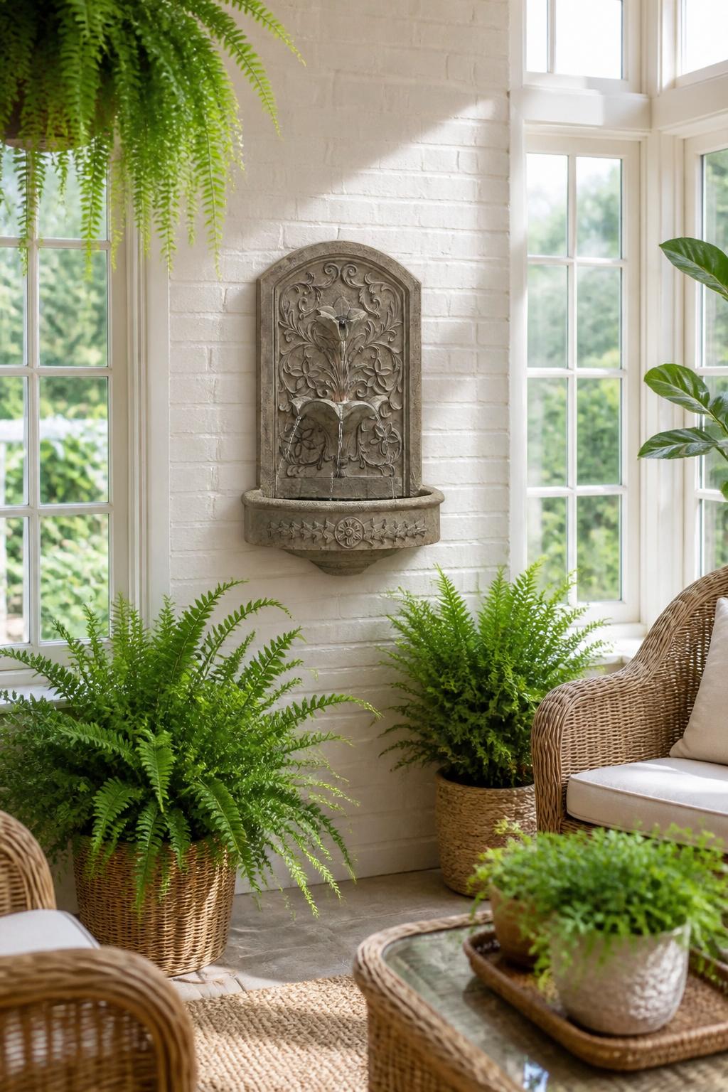Use the uploaded Bumilgar Wall Mounted Water Fountain exactly as the reference product, preserving the stone-look finish, floral carvings, a.