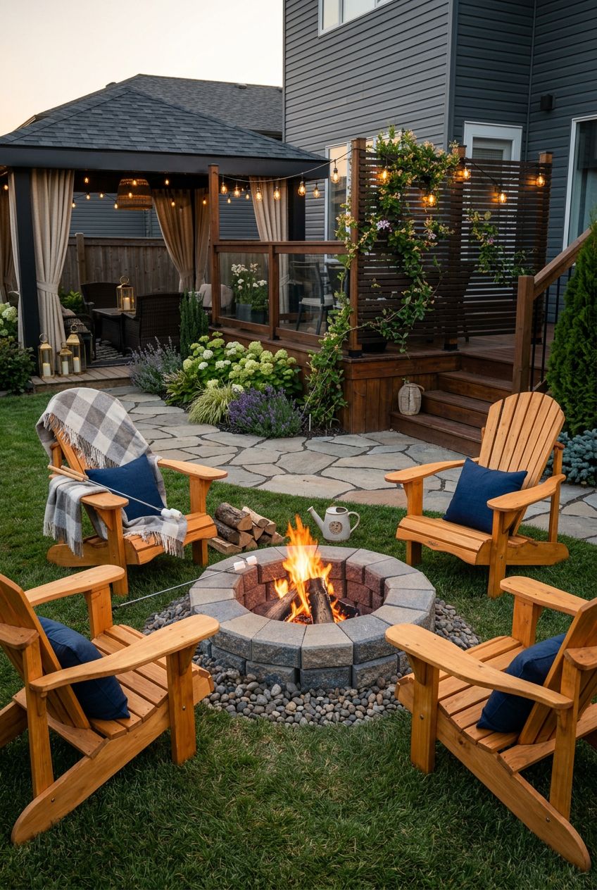 A classic backyard fire pit setup features a circular ring of chunky Adirondack chairs, each crafted from warm natural wood and adorned with.