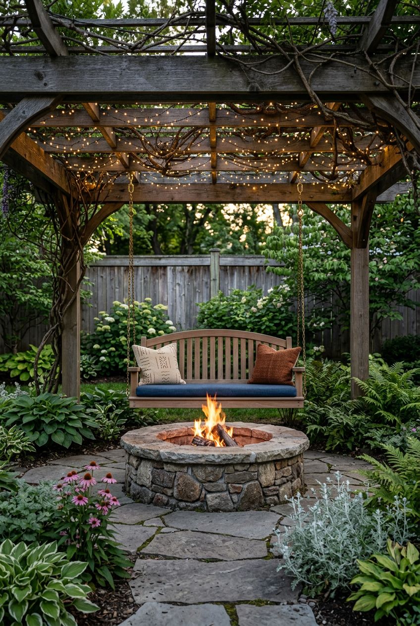 A classic backyard fire pit area with a round stone masonry fire pit at center, beneath a rustic pergola crisscrossed by delicate string lig.