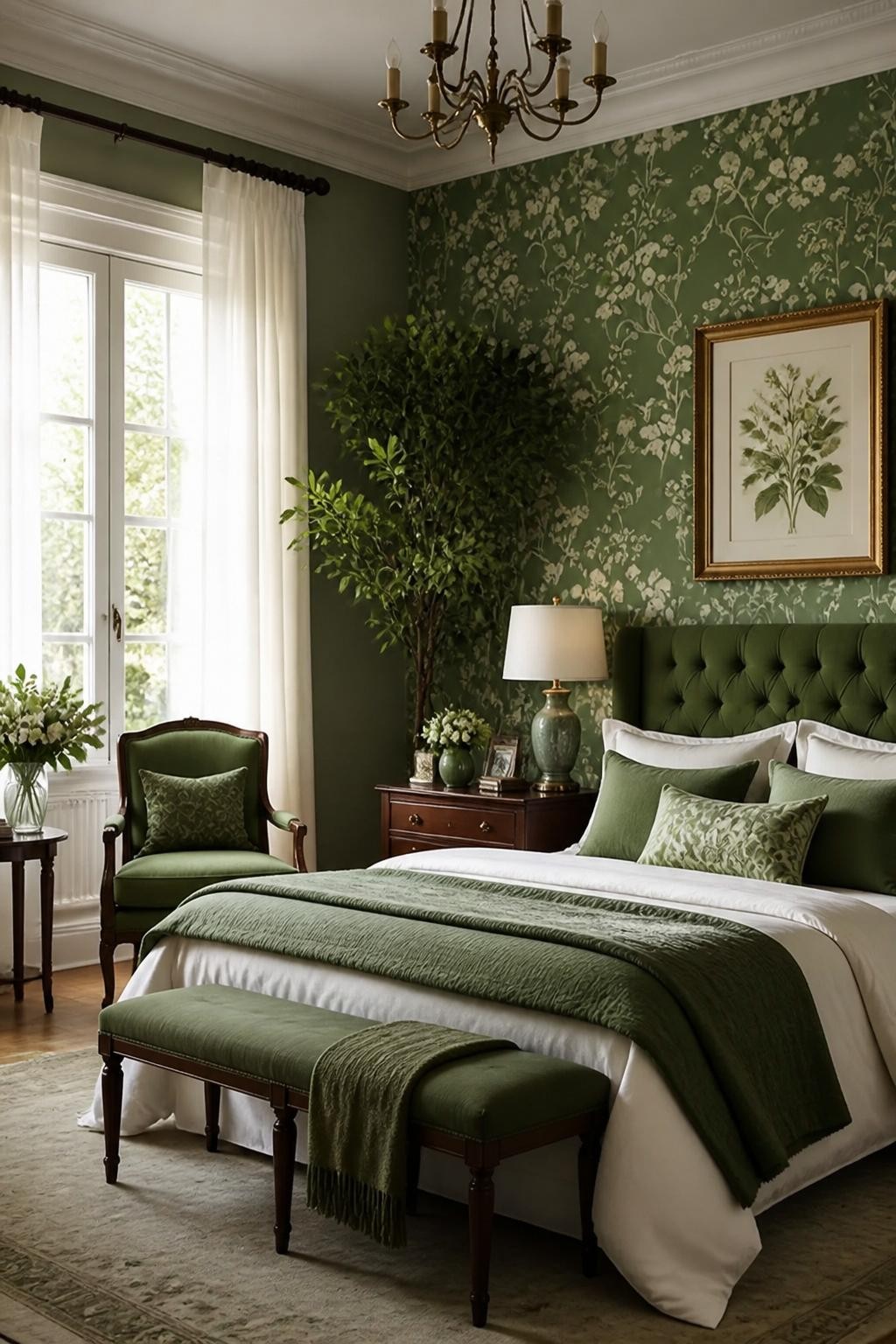 A sophisticated bedroom styled with traditional elegance features a rich green floral wallpaper as an accent wall, perfectly complementing t.
