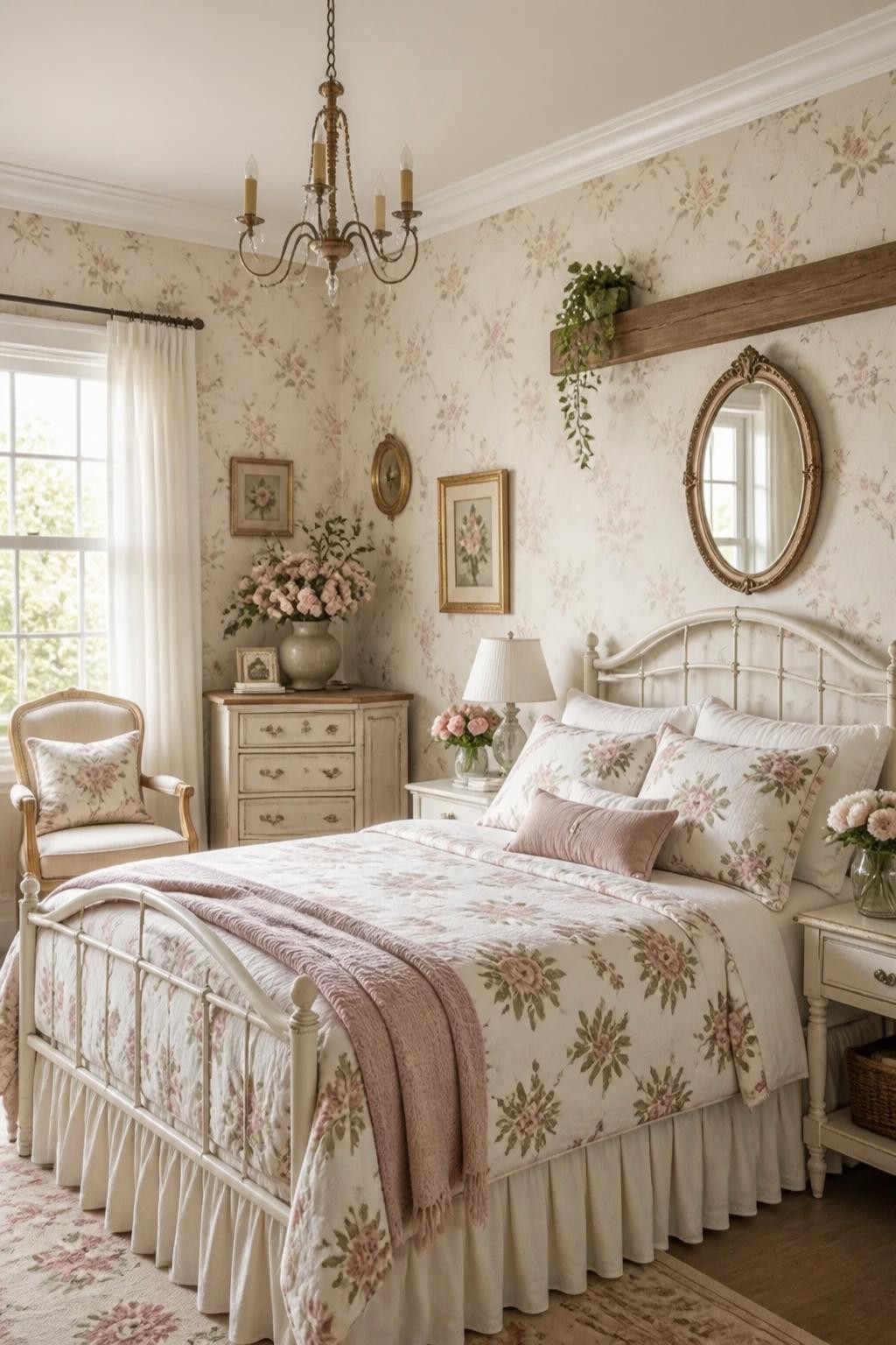Capture a timeless farmhouse bedroom with classic rose print bedding in soft pinks and greens, set against a backdrop of pale floral wallpap.