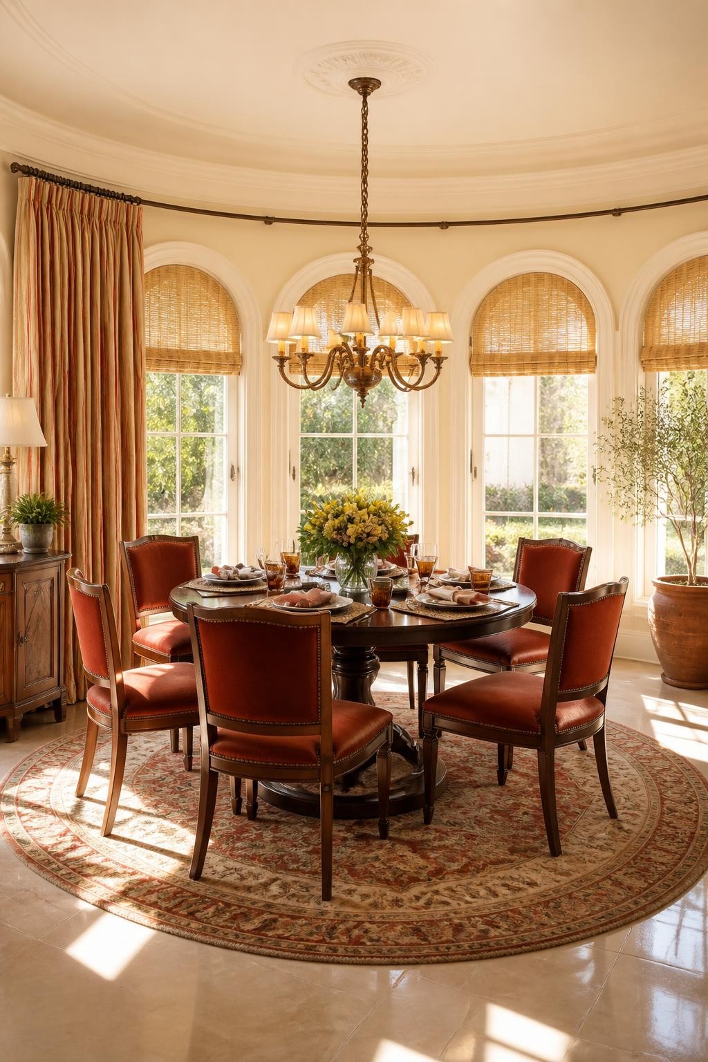 An elegant, sunlit dining room with curved walls, where a traditional round table is encircled by deep red velvet chairs atop a vintage Pers.