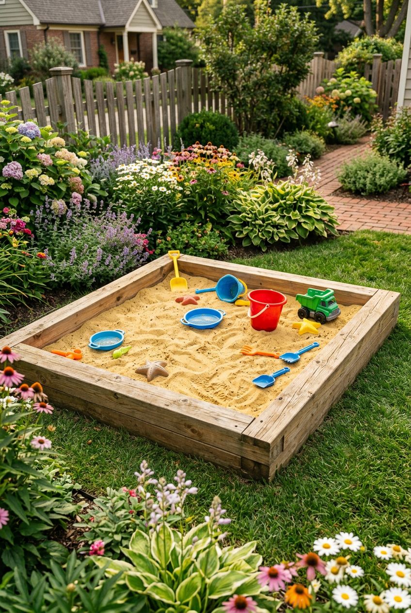 A classic, rectangular backyard sandbox crafted from sturdy wooden beams, set amidst a lush garden lawn and framed by neat flowerbeds.