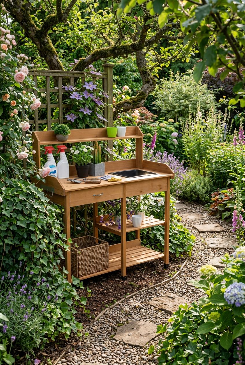 Use the uploaded Yaheetech Potting Bench exactly as the reference product, keeping the natural wood color, straight shelving, built-in remov.