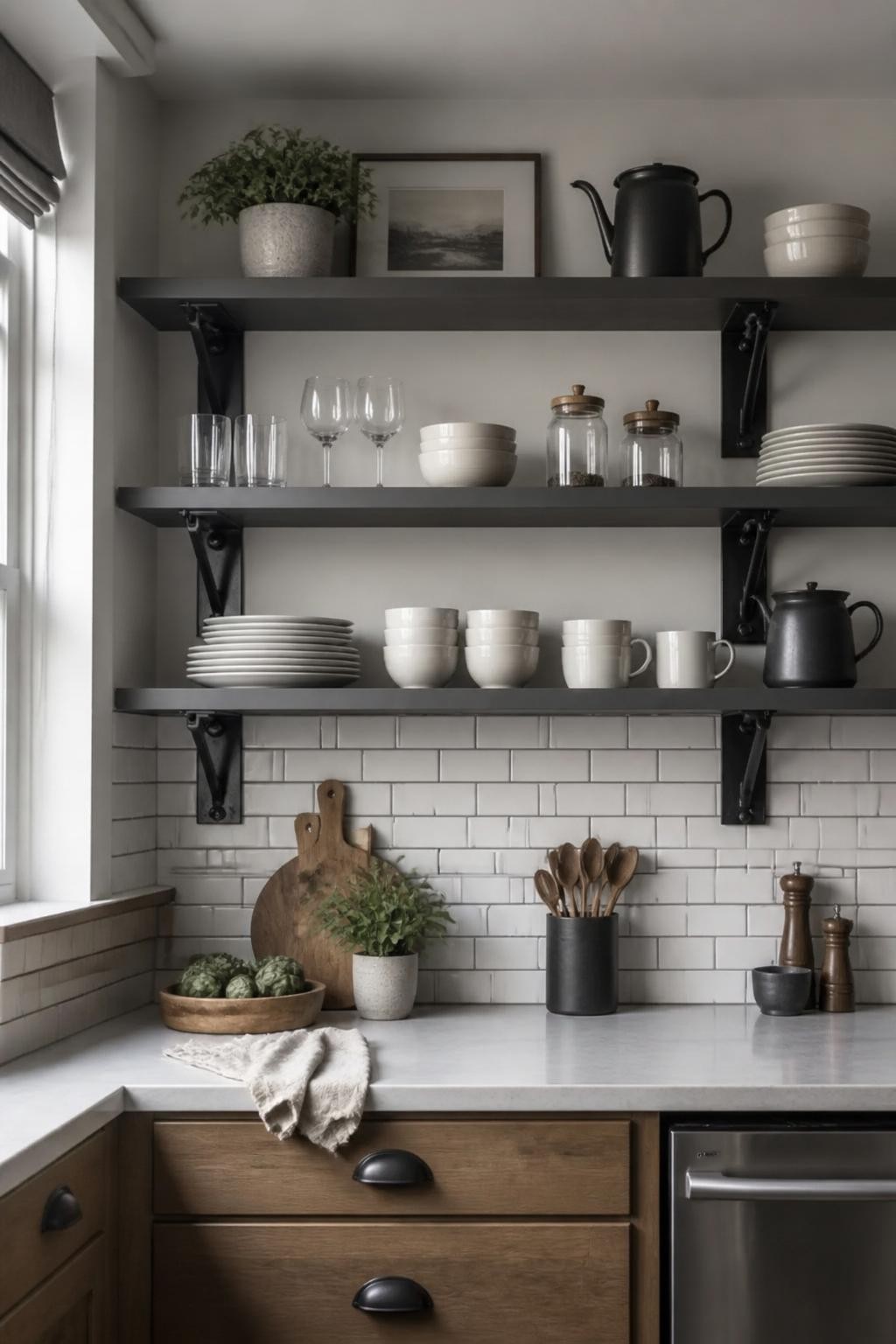 A classic loft-style kitchen features deep matte gray floating shelves attached with visible black iron brackets to white subway tiled walls.