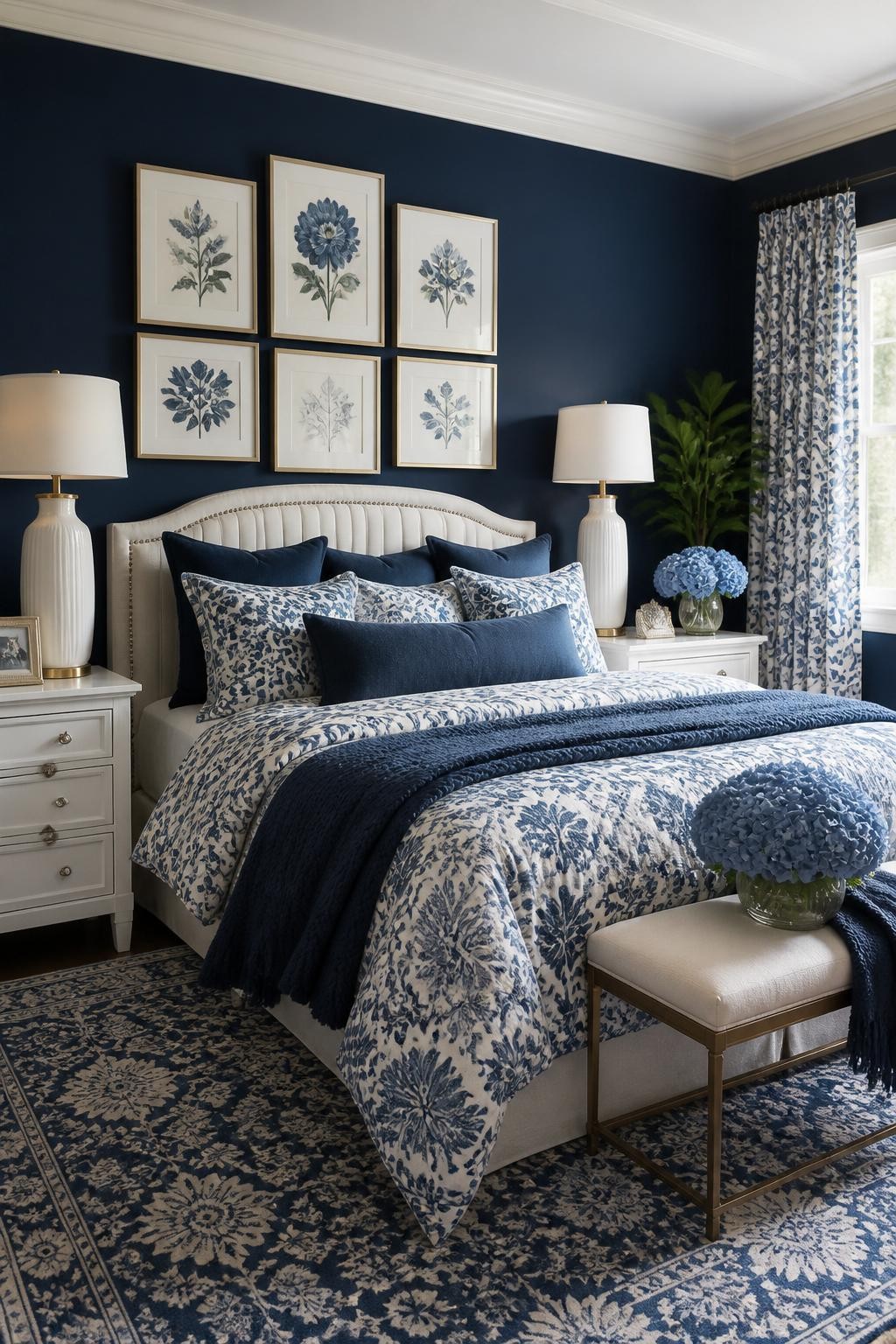 A grand navy and white bedroom styled with a large upholstered headboard and abundant blue floral patterns throughout the bedding, rug, and.