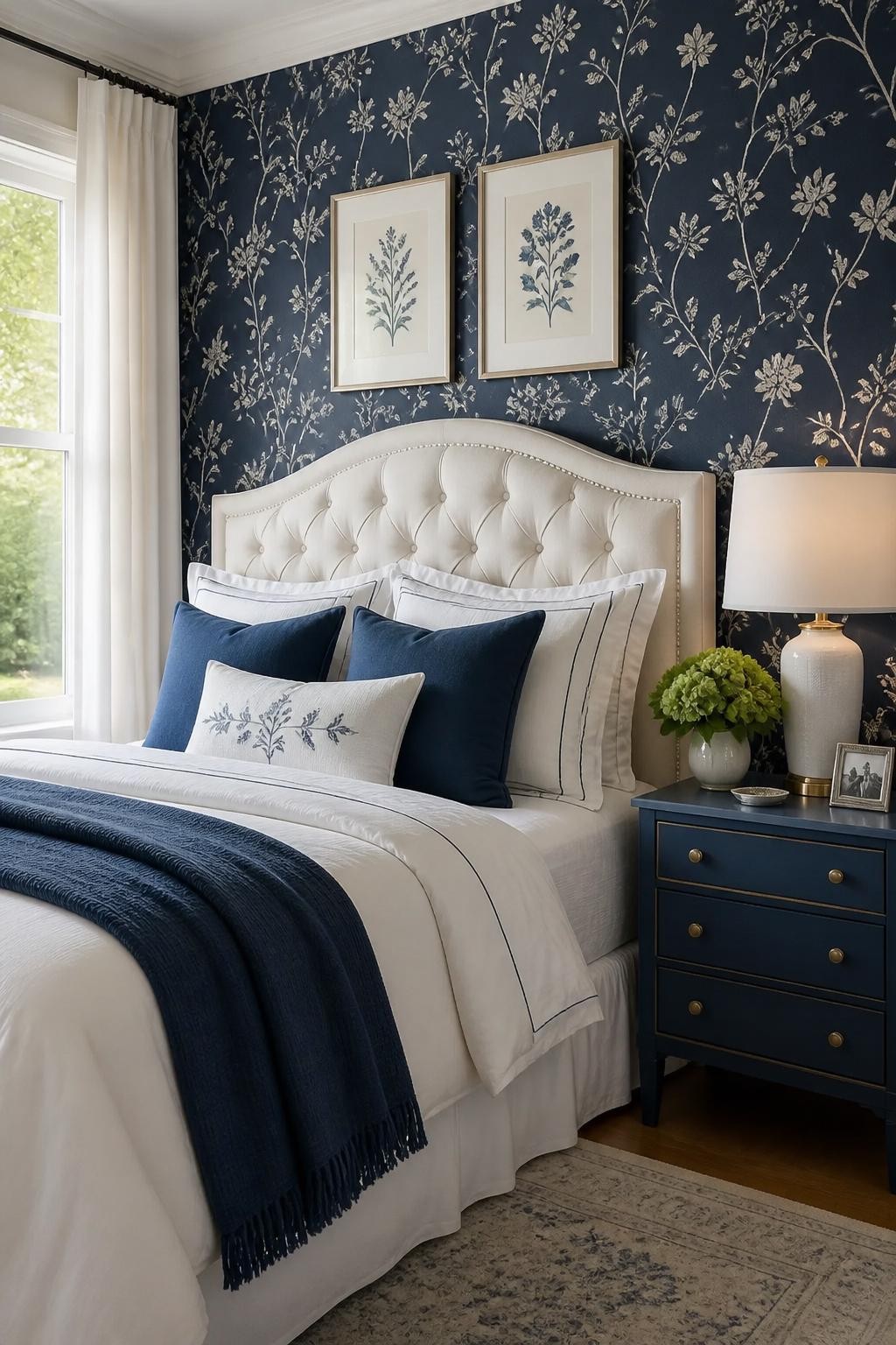 A classic-meets-modern bedroom styled with a striking navy blue floral wallpaper as the main statement wall.