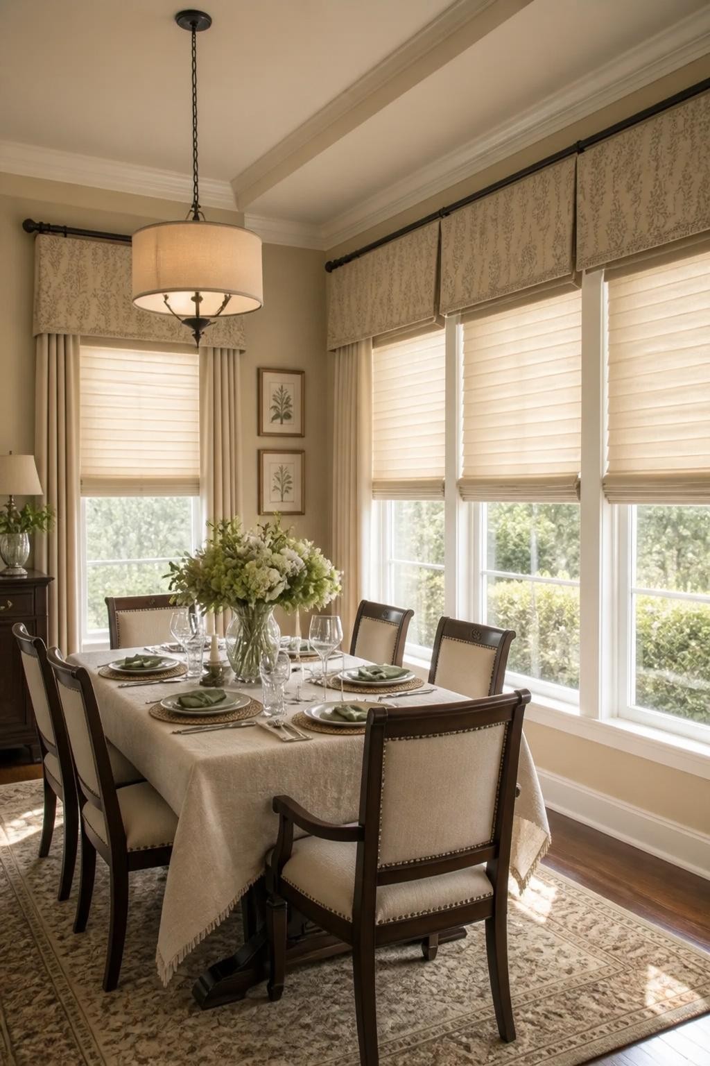 A classic dining area in beige tones, with a rectangular table dressed in a soft fabric cloth, and windows finished with structured tan vala.