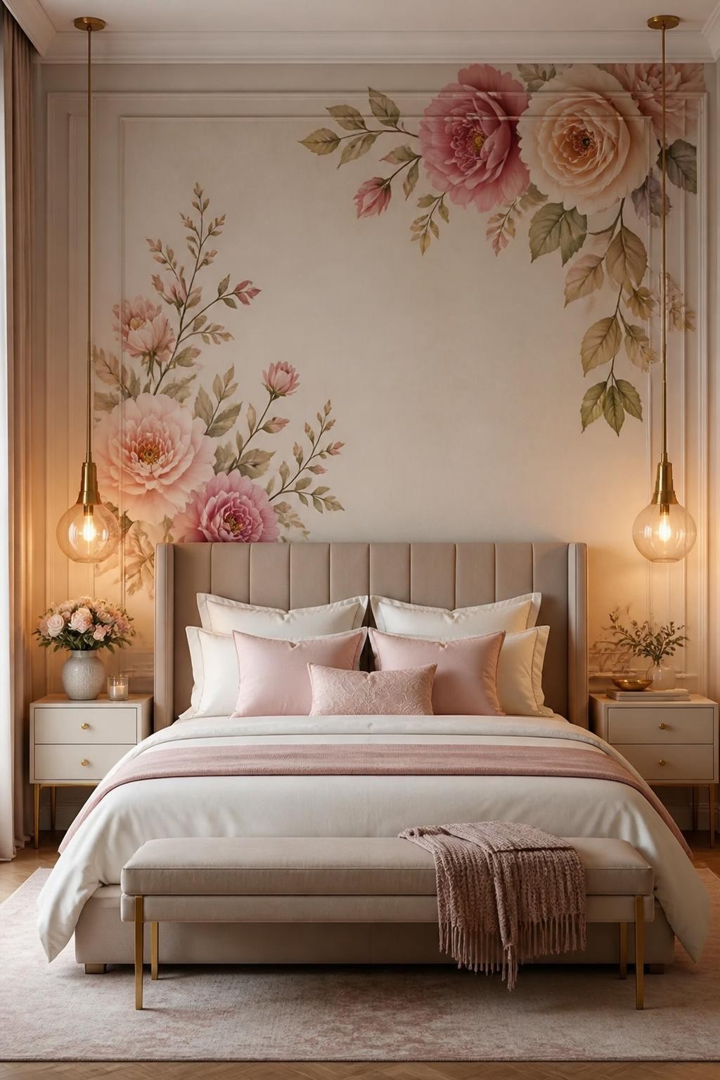 A classic bedroom styled with a large hand-painted mural of oversized pastel florals in soft blush, rose, and cream, strategically wrapping.