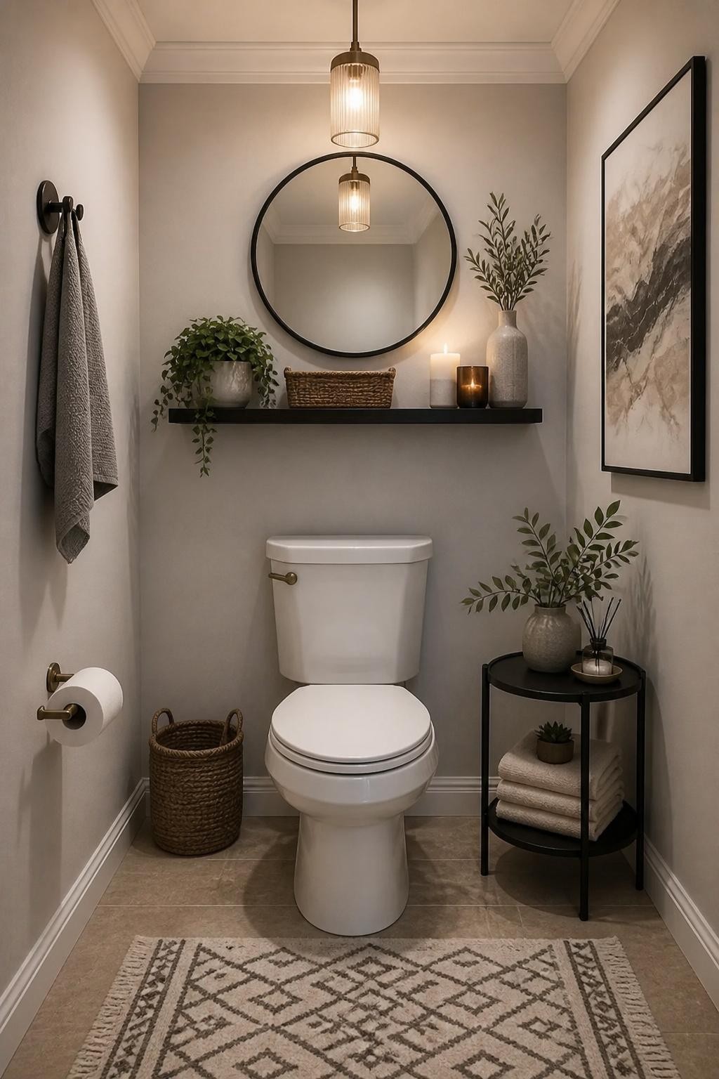Classic powder room aesthetics shine with a single black floating shelf above the toilet, set against soft beige walls.