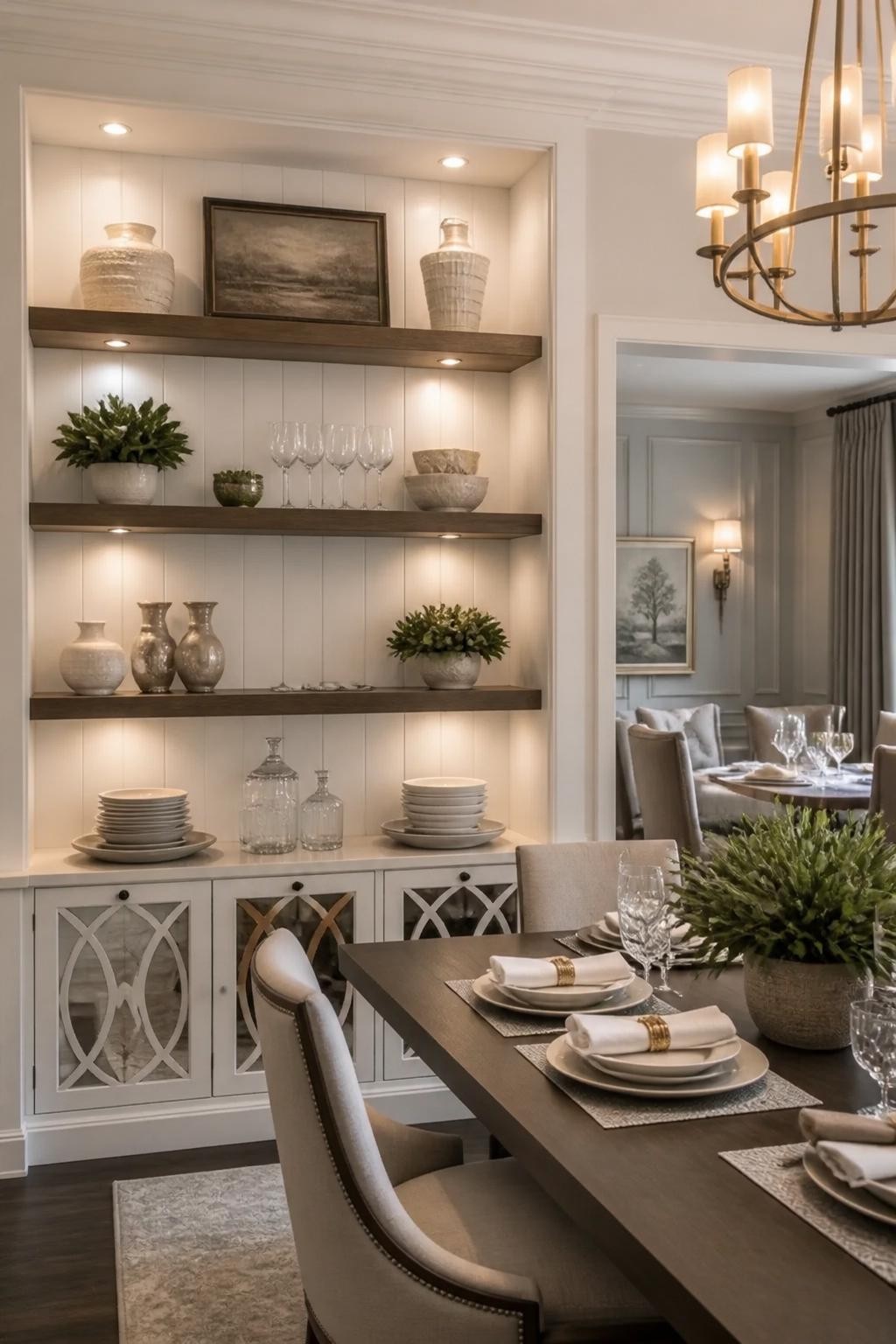 Rooted in classic tradition, this refined dining space features custom built-in floating shelves framed by elegant molding and subtle wall p.