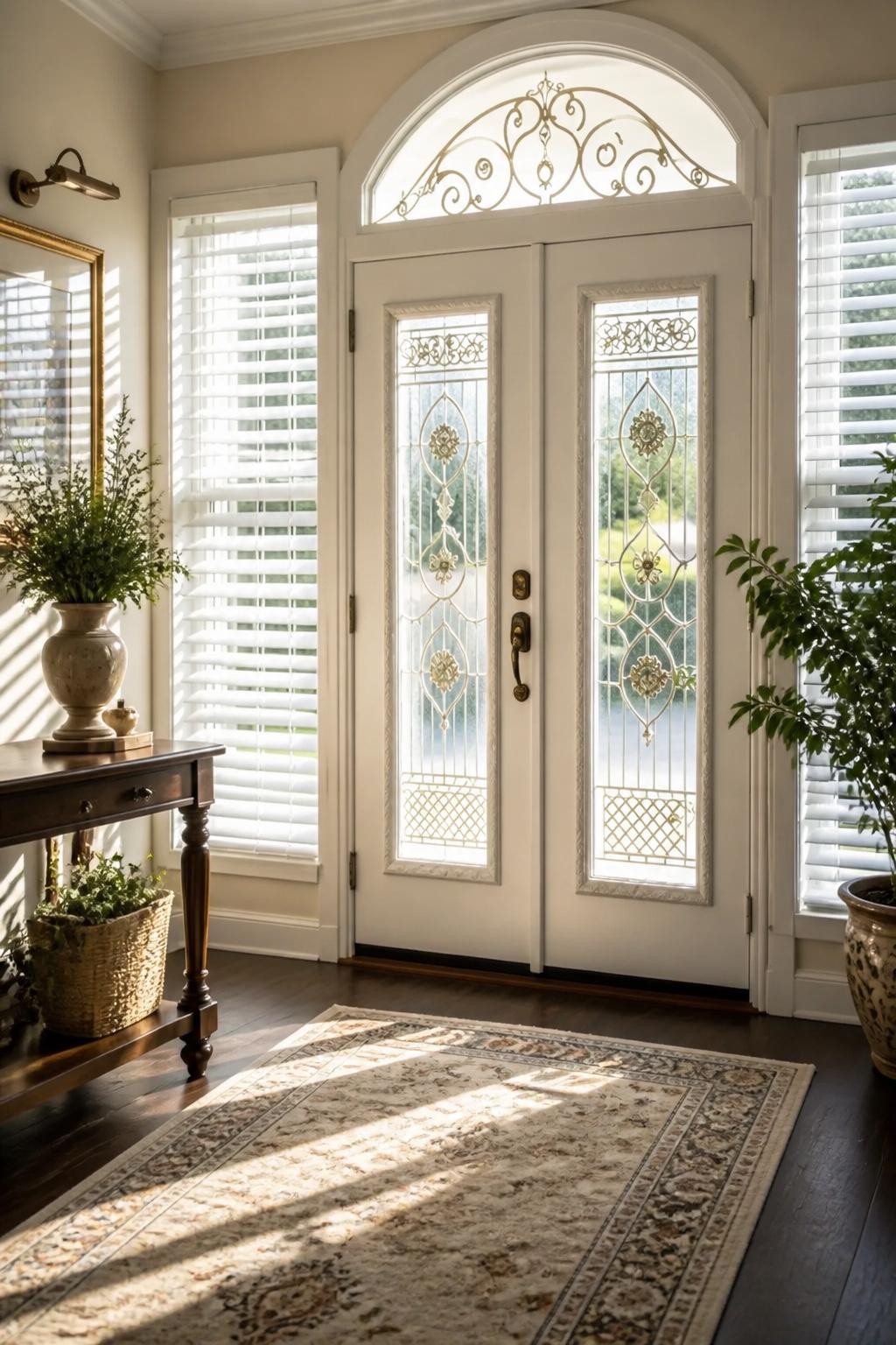 A stately foyer framed by classic white blinds perfectly paired with ornate glass panel doors featuring intricate metallic scrollwork.