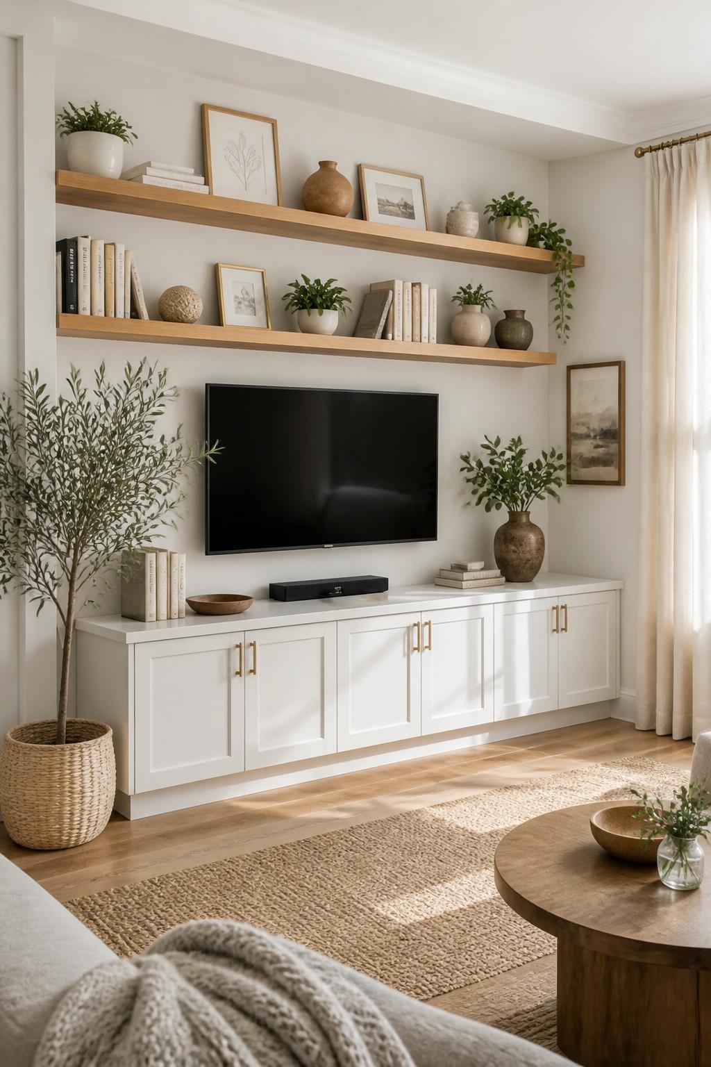 An elegant living room featuring classic white cabinetry paired with floating oak shelves above and around the TV.