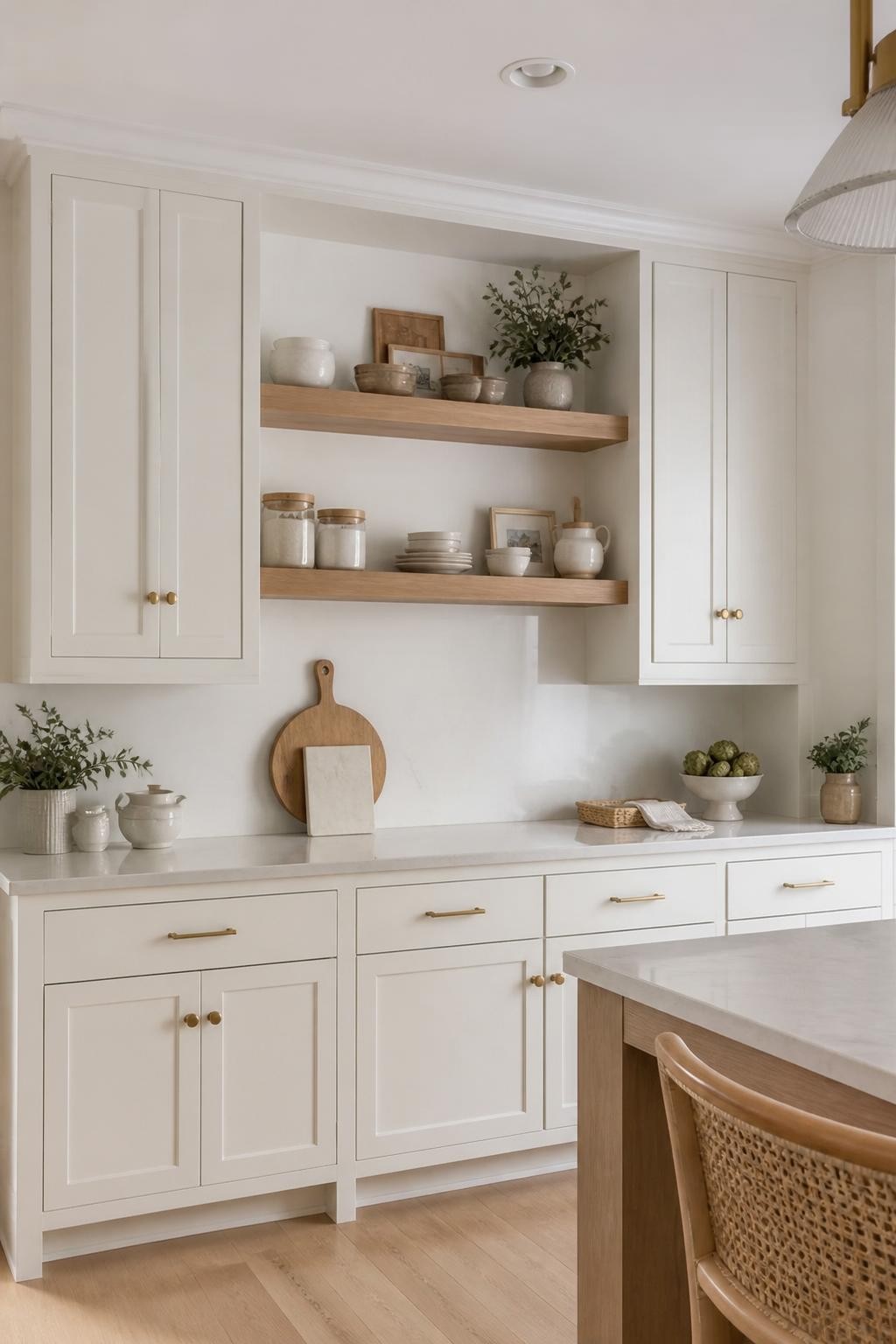 A classic white kitchen designed in a transitional style features two thick, floating shelves in light oak wood sandwiched between full-heig.