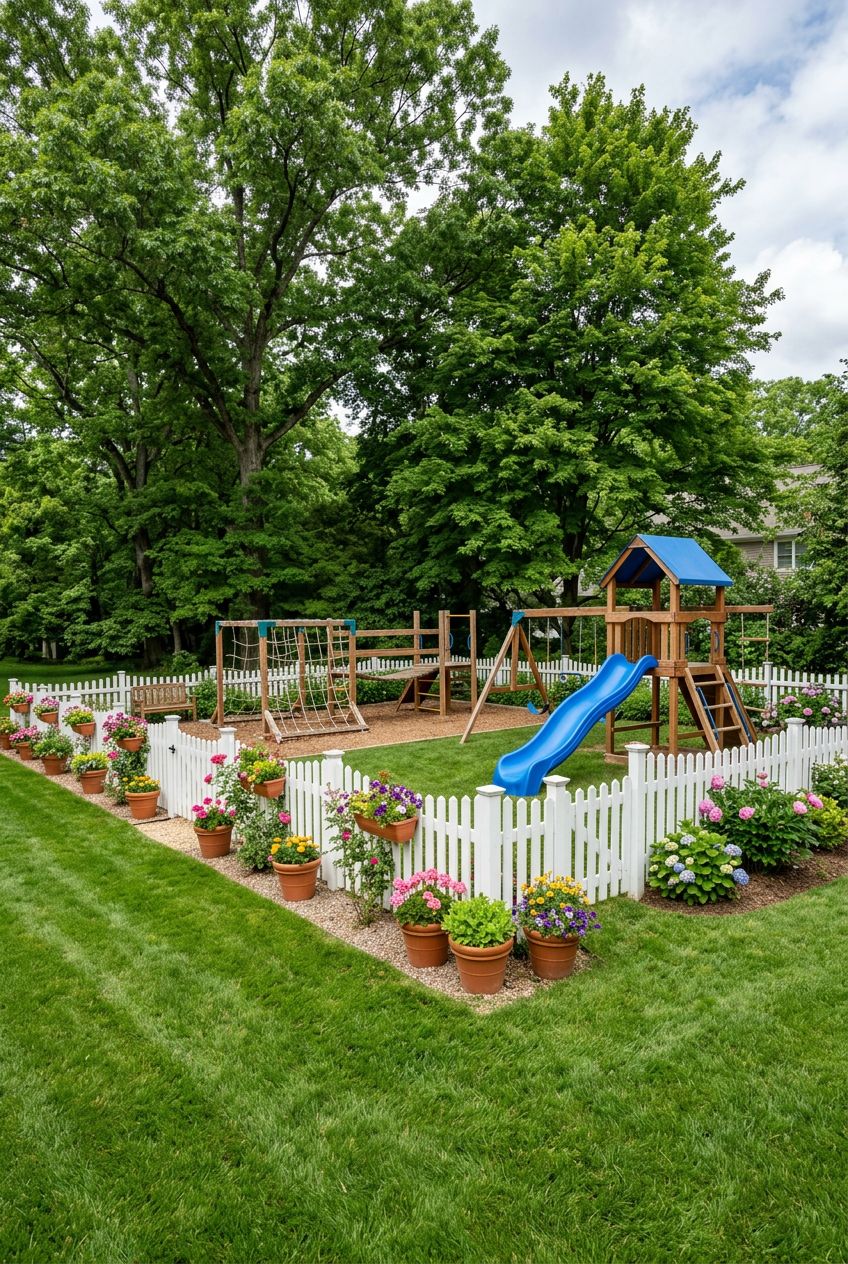 Illustrate a traditional backyard scene with a white picket fence enclosing a children’s playground filled with geometric climbing frames an.