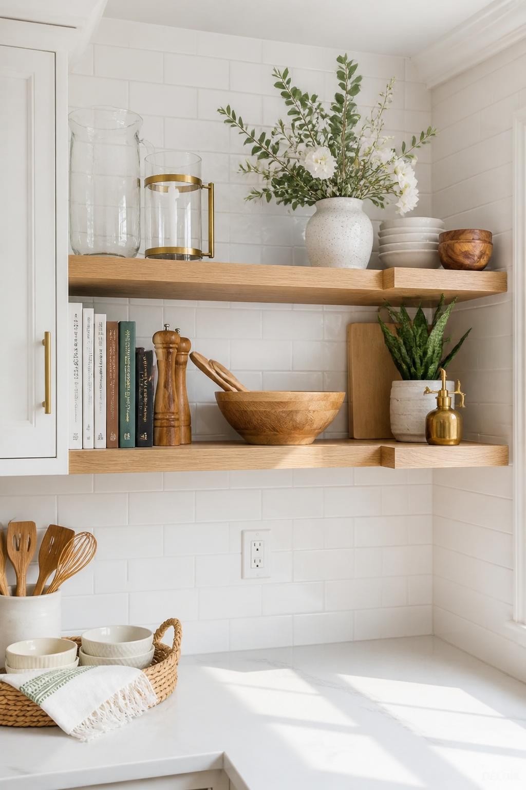 Classic kitchen corner that feels open and fresh with pale oak floating shelves spanning crisp white subway tile walls.