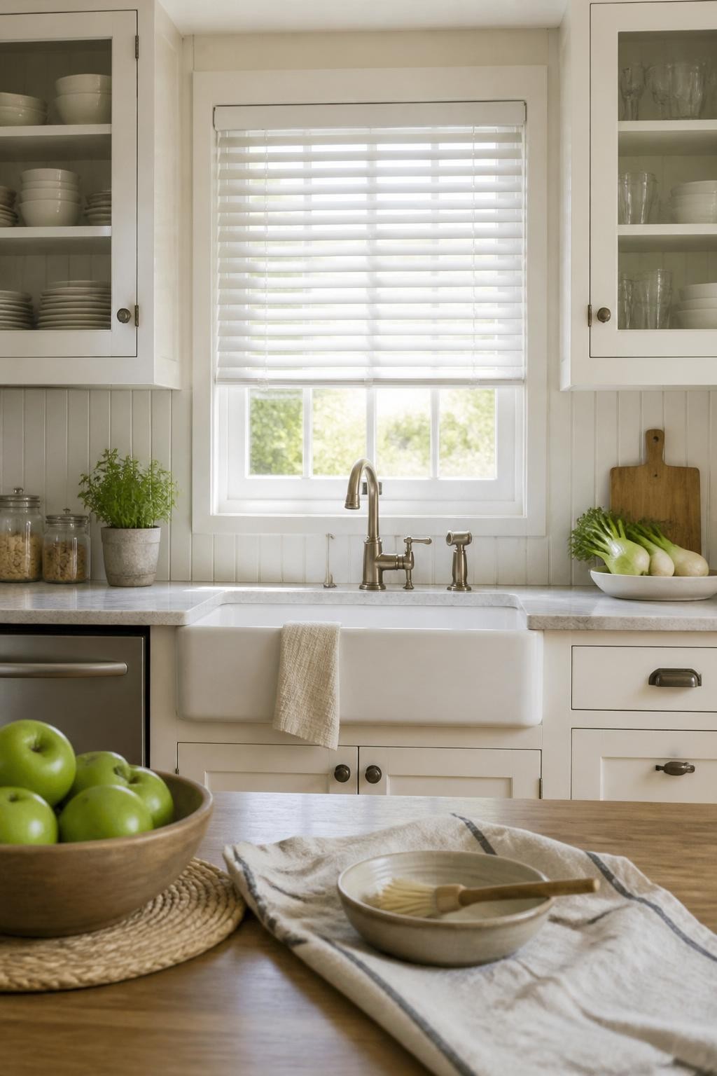 Designed with a classic farmhouse sensibility, this kitchen showcases white horizontal Venetian blinds perfectly layered over a farmhouse si.