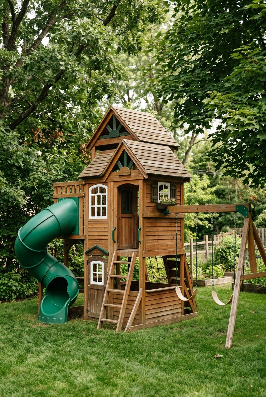 A classic backyard wooden playhouse stands tall and sturdy beneath dappled tree light, featuring a peaked shingled roof, decorative faux win.