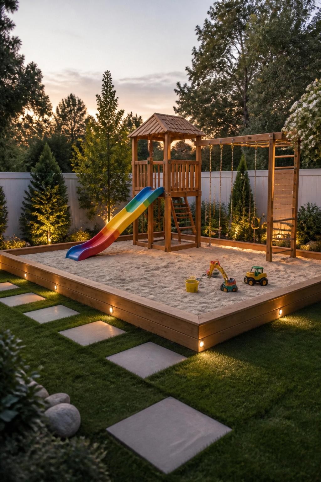 A classic backyard design featuring an expansive, raised wooden sandbox filled with fine sand, anchored by a sturdy wooden playset with a ra.