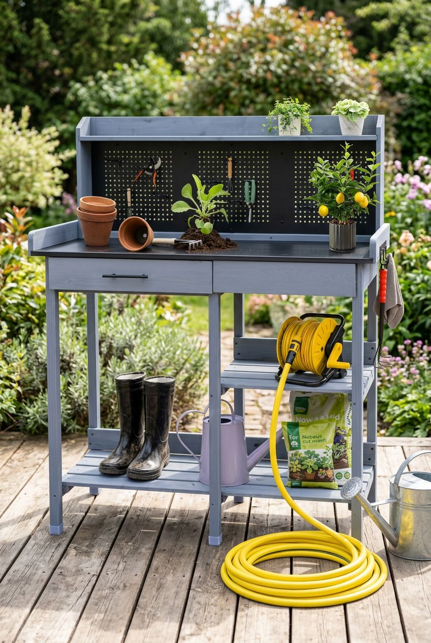 Use the uploaded outdoor potting bench table exactly as the reference product, preserving its muted blue-gray color, roomy black pegboard, s.