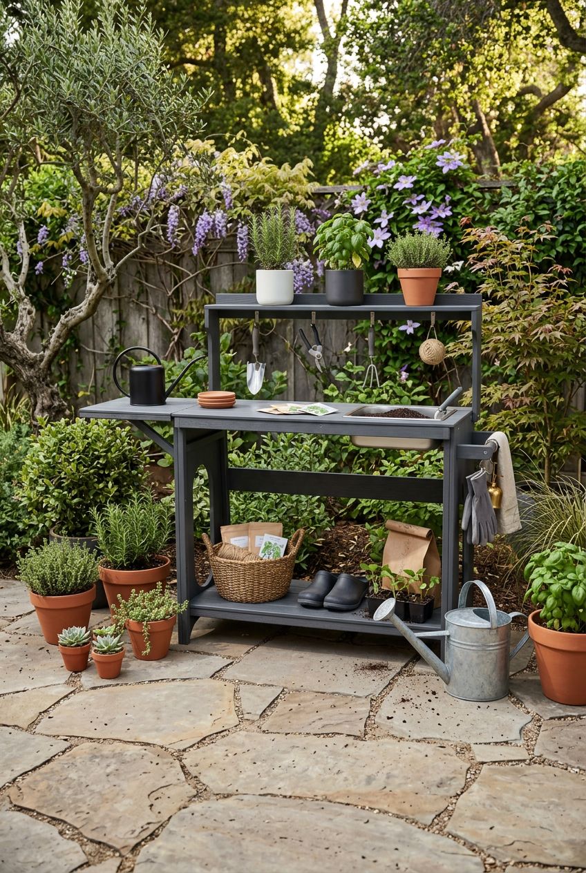 Use the uploaded Outdoor Potting Bench Table with Removable Sink exactly as the reference product, featuring its dark slate finish, integrat.