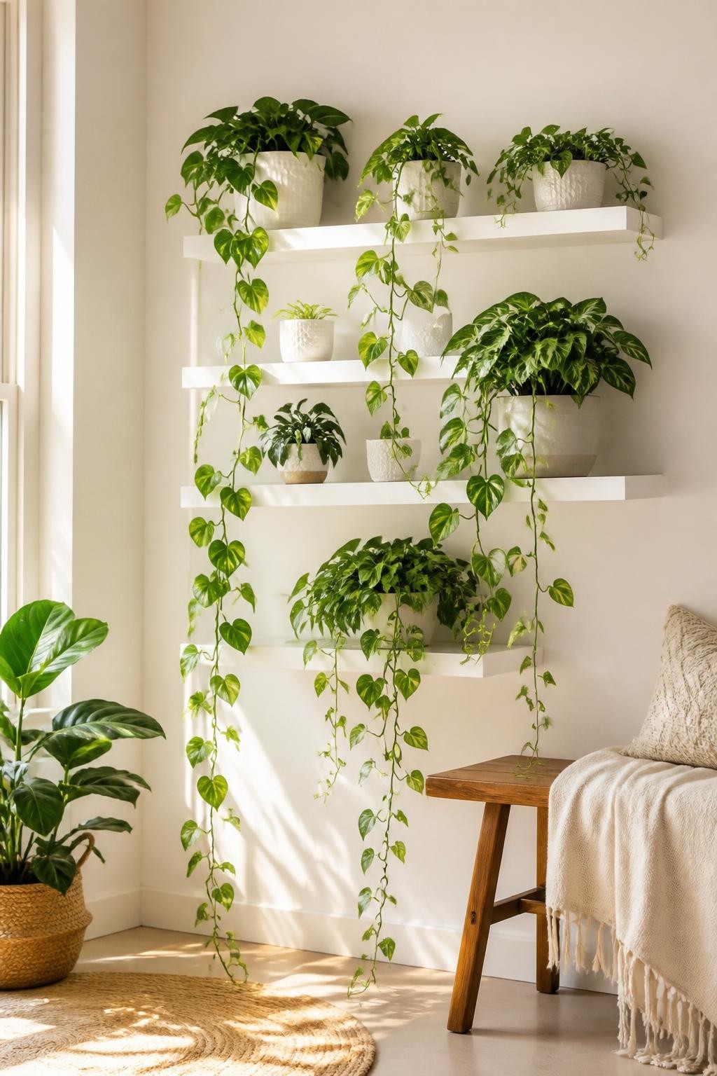 A clean and modern arrangement features floating white shelves on a soft neutral wall, each decked with an array of trailing pothos, vibrant.