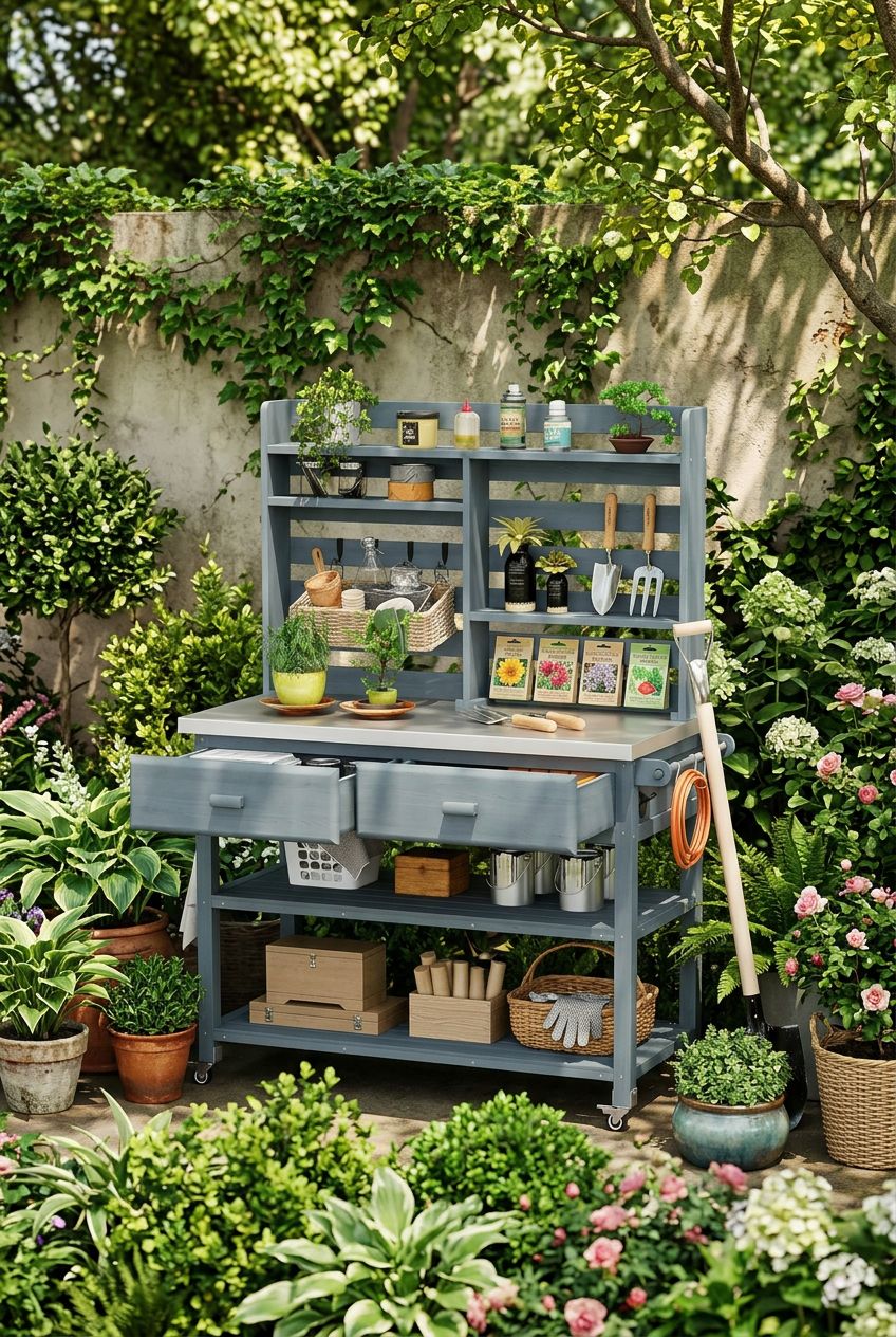 Use the uploaded Clyrava Potting Bench with Storage Outdoor Potting Table exactly as the reference product, preserving its grey-blue wooden.