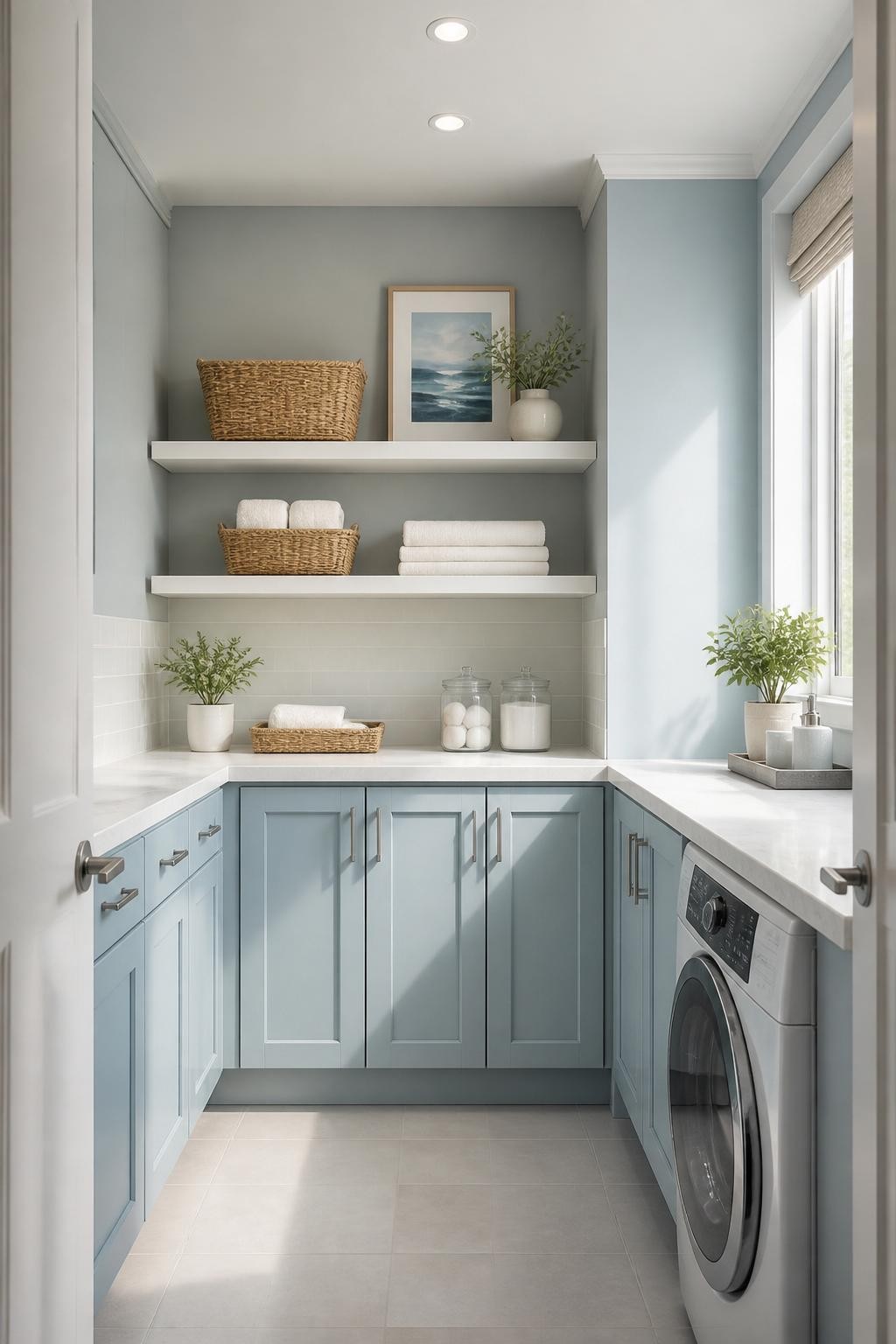 A coastal-inspired laundry room featuring serene blue cabinetry and walls, centered around two crisp floating white shelves.