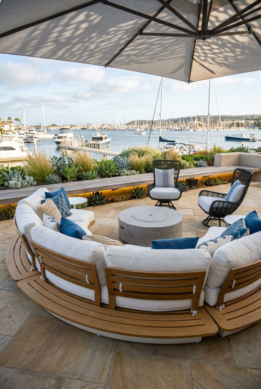 This luxurious coastal terrace spotlights a circular sectional sofa with sleek wooden and white accents surrounding a modern gas fire pit at.
