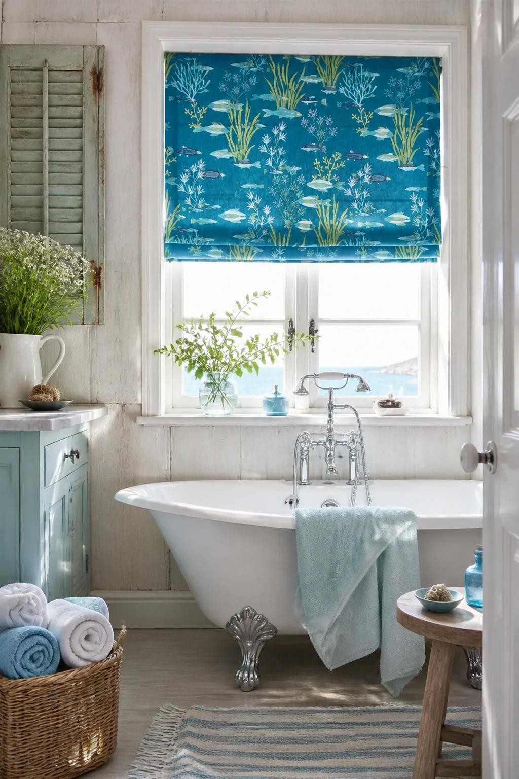 A cheerful coastal cottage bathroom, brightened by a playful blue botanical Roman shade with stylized floral motifs, set against rustic whit.