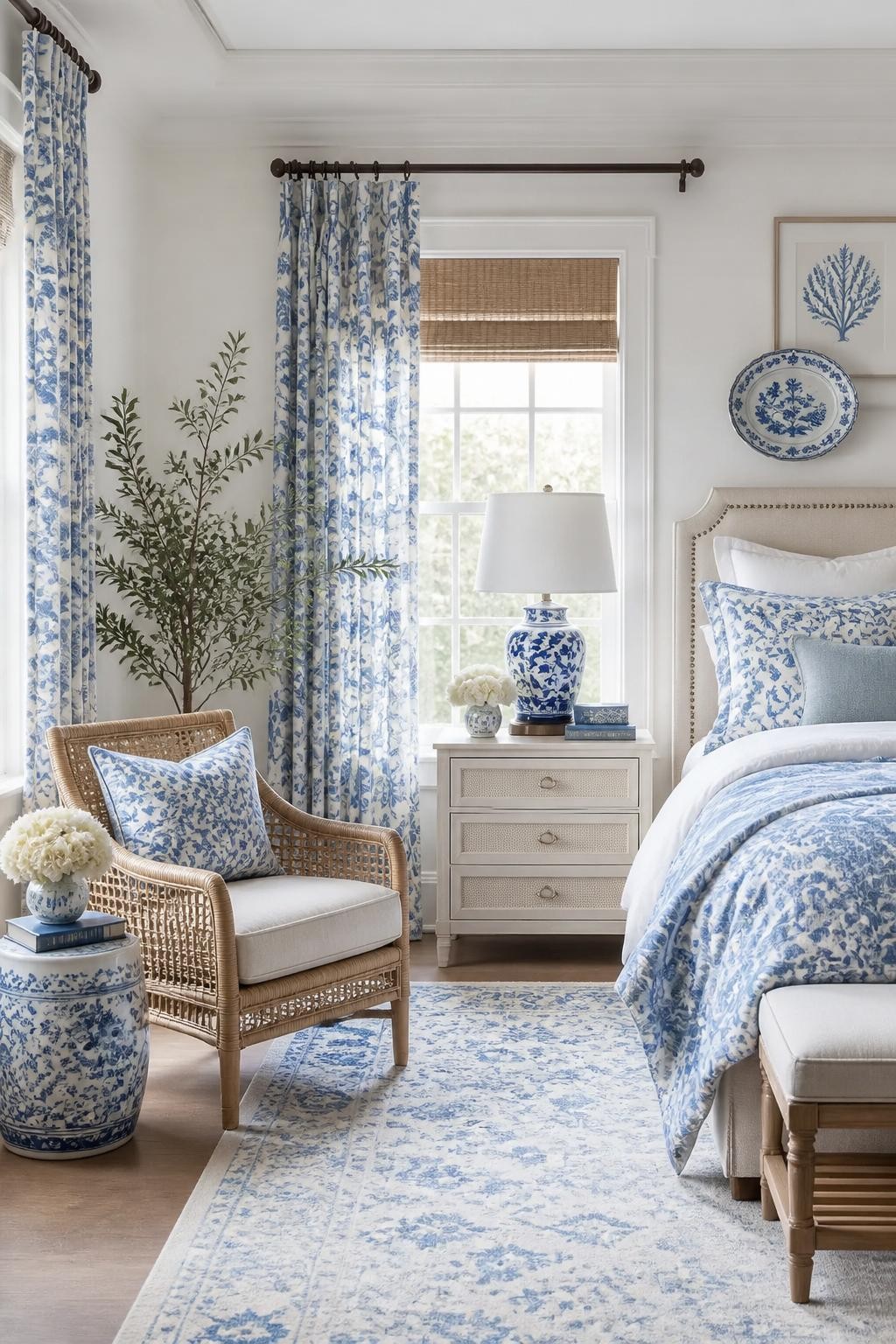 A serene coastal bedroom featuring light blue floral accents throughout, from the drapery to the bedding and area rug, all grounded by a plu.