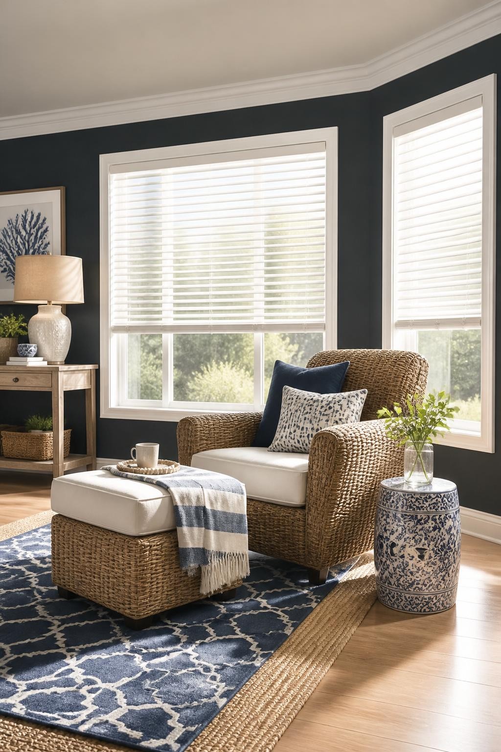 A bright transitional living room with wide bay windows dressed in crisp white blinds, creating an elevated coastal aesthetic.