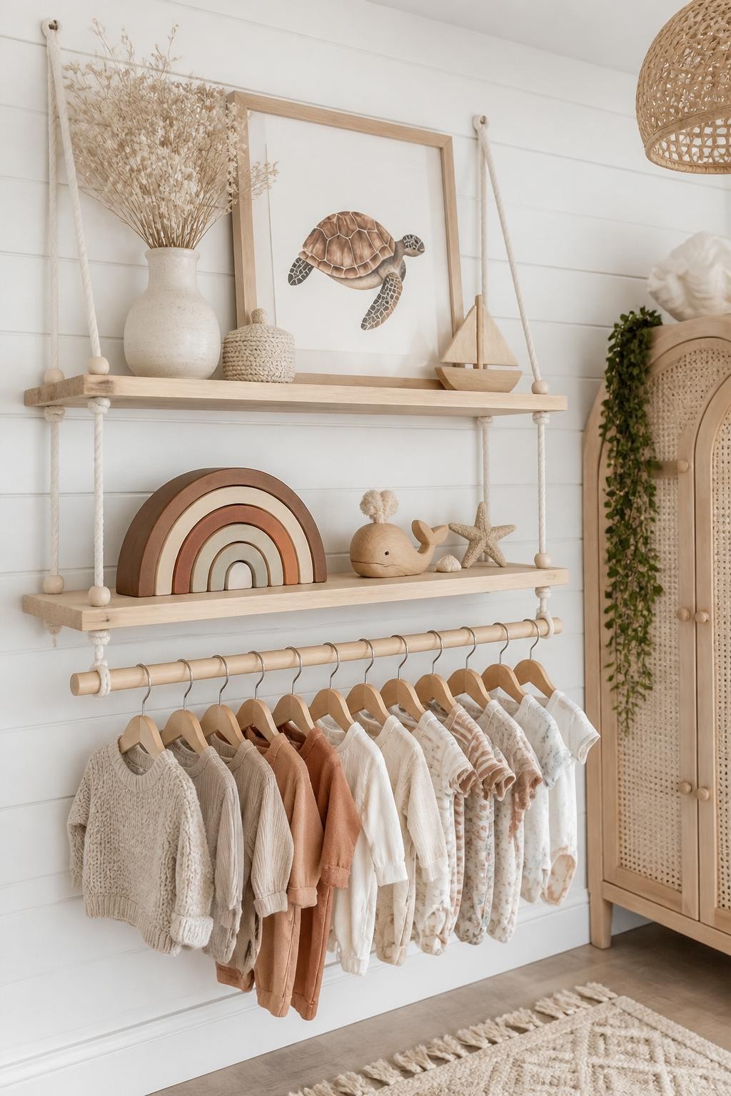 A calming, coastal-inspired nursery wall with light wood hanging shelves suspended by macramé cotton rope, doubling as a display and clothin.